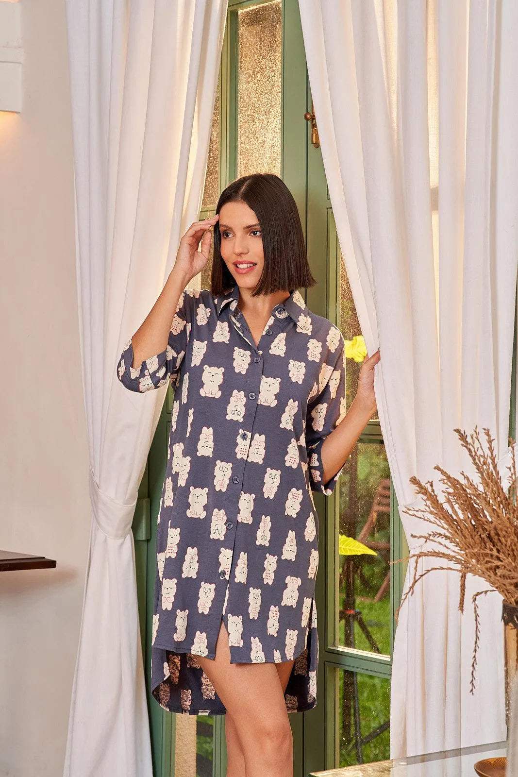 Grizzly Moody Bear Print Night Shirt - Velure - - 3/4 Sleeves, Collar Neck, Cotton, Front Button Open, Knee Length, Printed