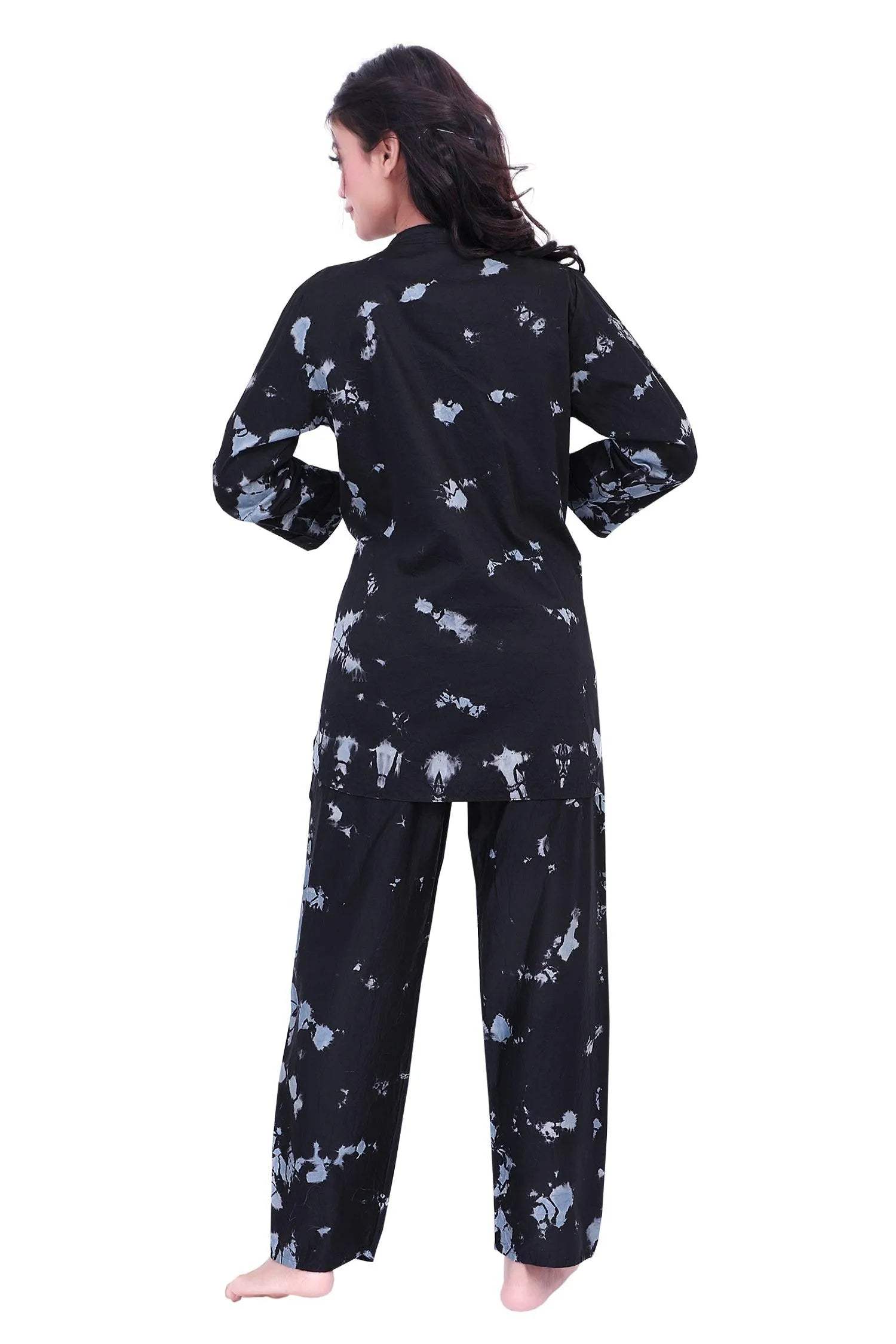 Tie-Dye Kurti Style Set - Velure - Long Top and Pant - Collar Night Suit, Cotton, Full Length Pant, Full Sleeves, Long Top Night Suit