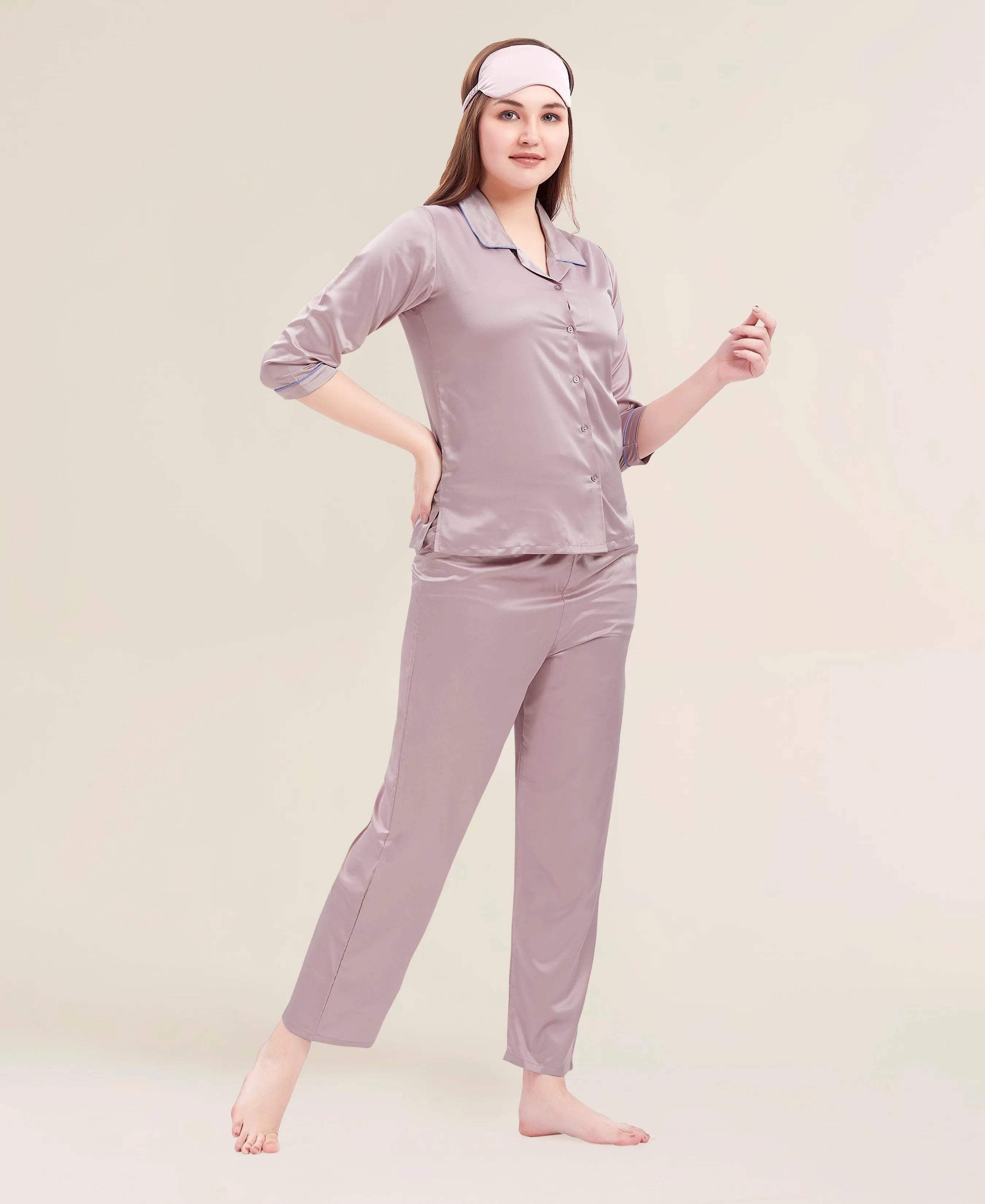 Velure Flerry Red Satin Night Suit - Velure - - 3/4 Sleeves, Collar Neck, Eye Mask, Front Button Open, Full Length Pant, Satin