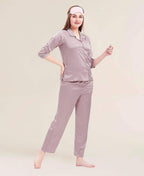 Velure Lavish Cozy Satin Night Suit - Velure - Shirt and Pant - 3/4 Sleeves, Collar Neck, Eye Mask, Front Button Open, Full Length Pant, Satin