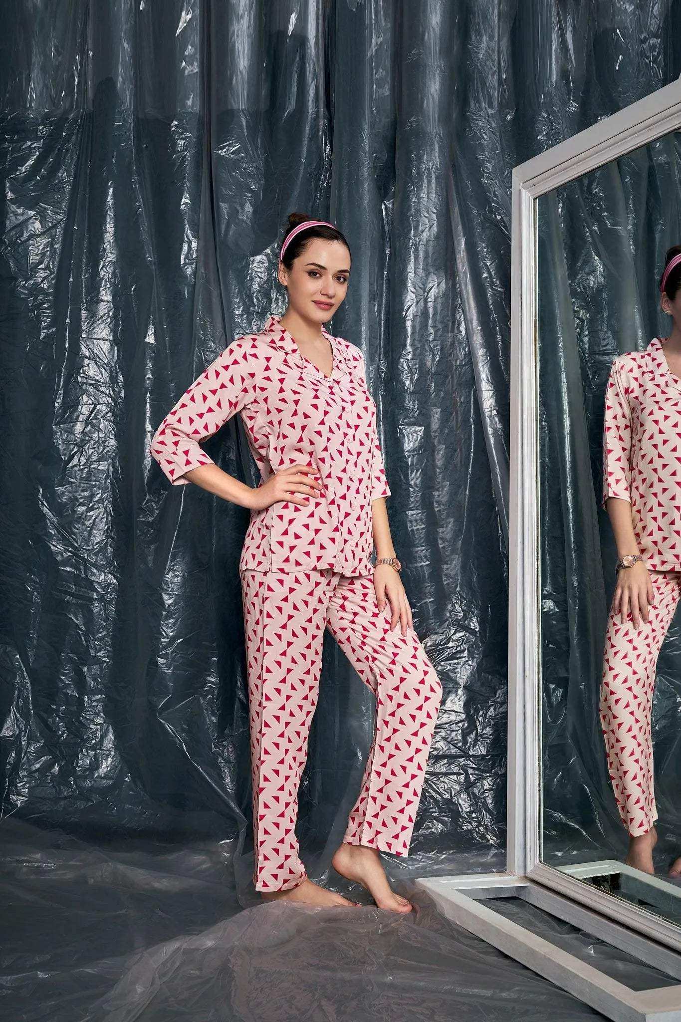Velure Casual Geometric Print Night Suit - Velure - - 3/4 Sleeves, Abstract Print, Collar Neck, Cotton, Front Button Open, Full Length Pant