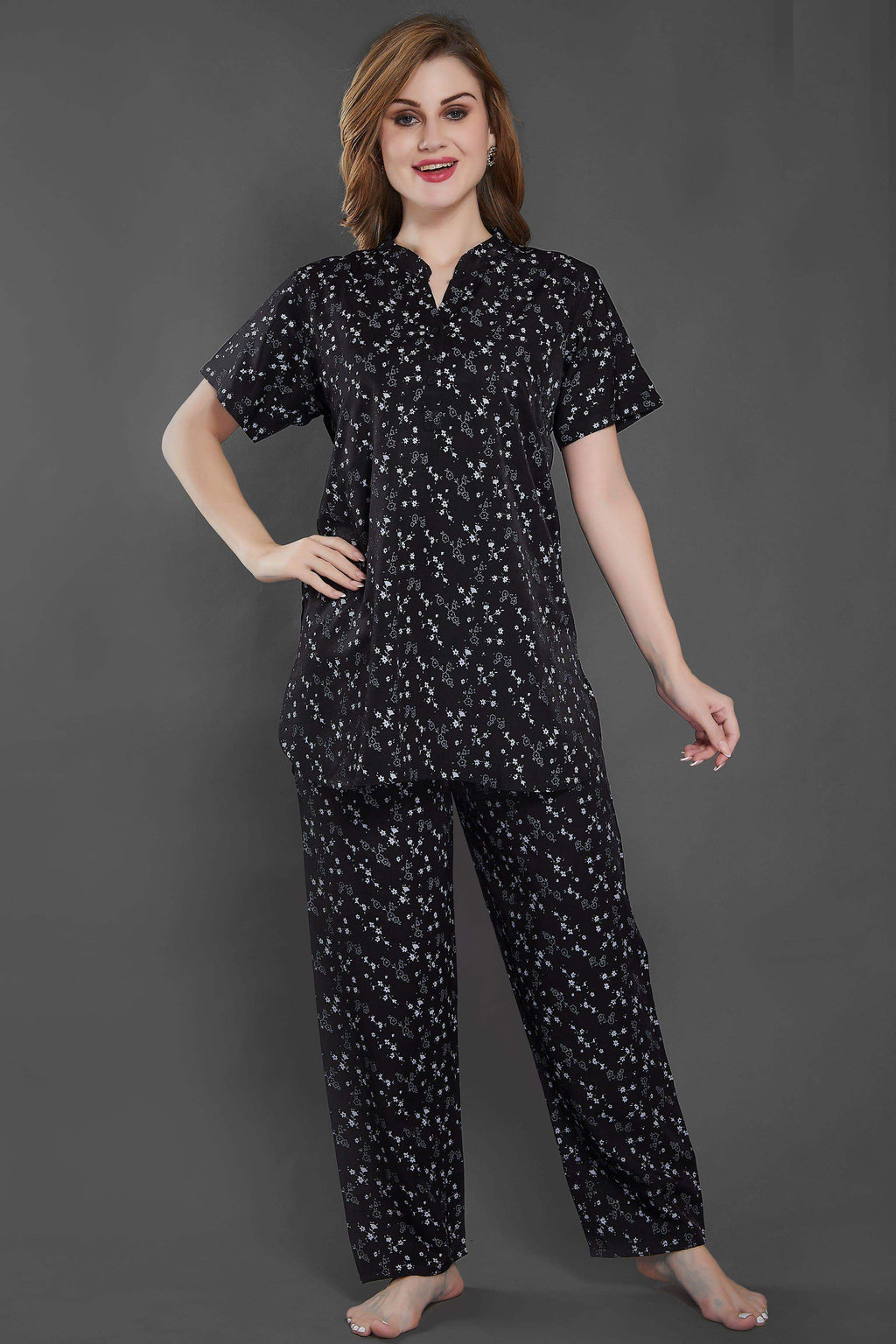 Velure Blooms Print Kurti Style Night Suit - Velure - Long Top and Pant - Cotton, Full Length Pant, Half Sleeves, Long Top Night Suit