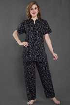 Velure Blooms Print Kurti Style Night Suit - Velure - Long Top and Pant - Cotton, Full Length Pant, Half Sleeves, Long Top Night Suit