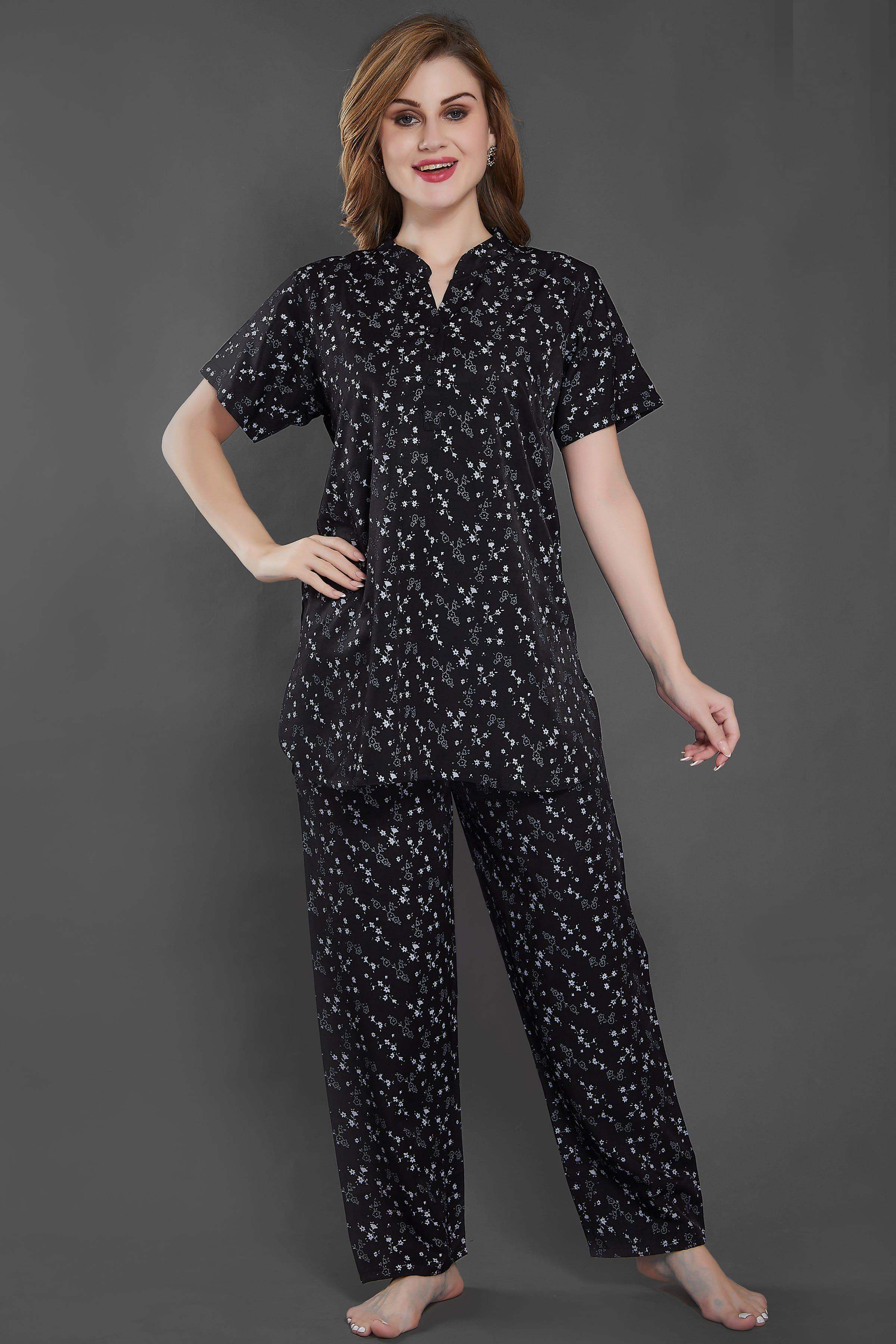 Velure Blooms Print Kurti Style Night Suit - Velure - Long Top and Pant - Cotton, Full Length Pant, Half Sleeves, Long Top Night Suit