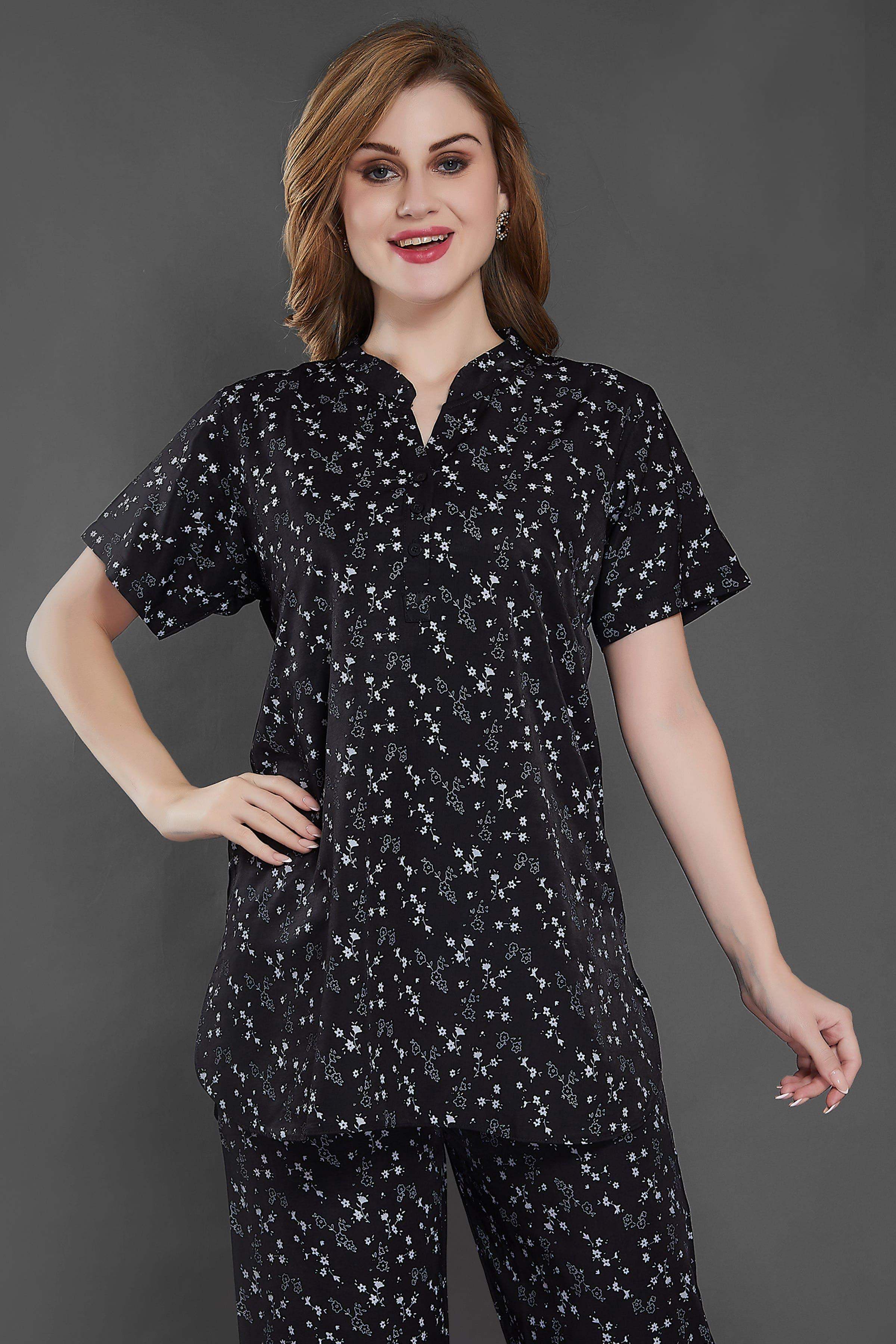 Velure Blooms Print Kurti Style Night Suit - Velure - Long Top and Pant - Cotton, Full Length Pant, Half Sleeves, Long Top Night Suit