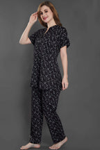 Velure Blooms Print Kurti Style Night Suit - Velure - Long Top and Pant - Cotton, Full Length Pant, Half Sleeves, Long Top Night Suit