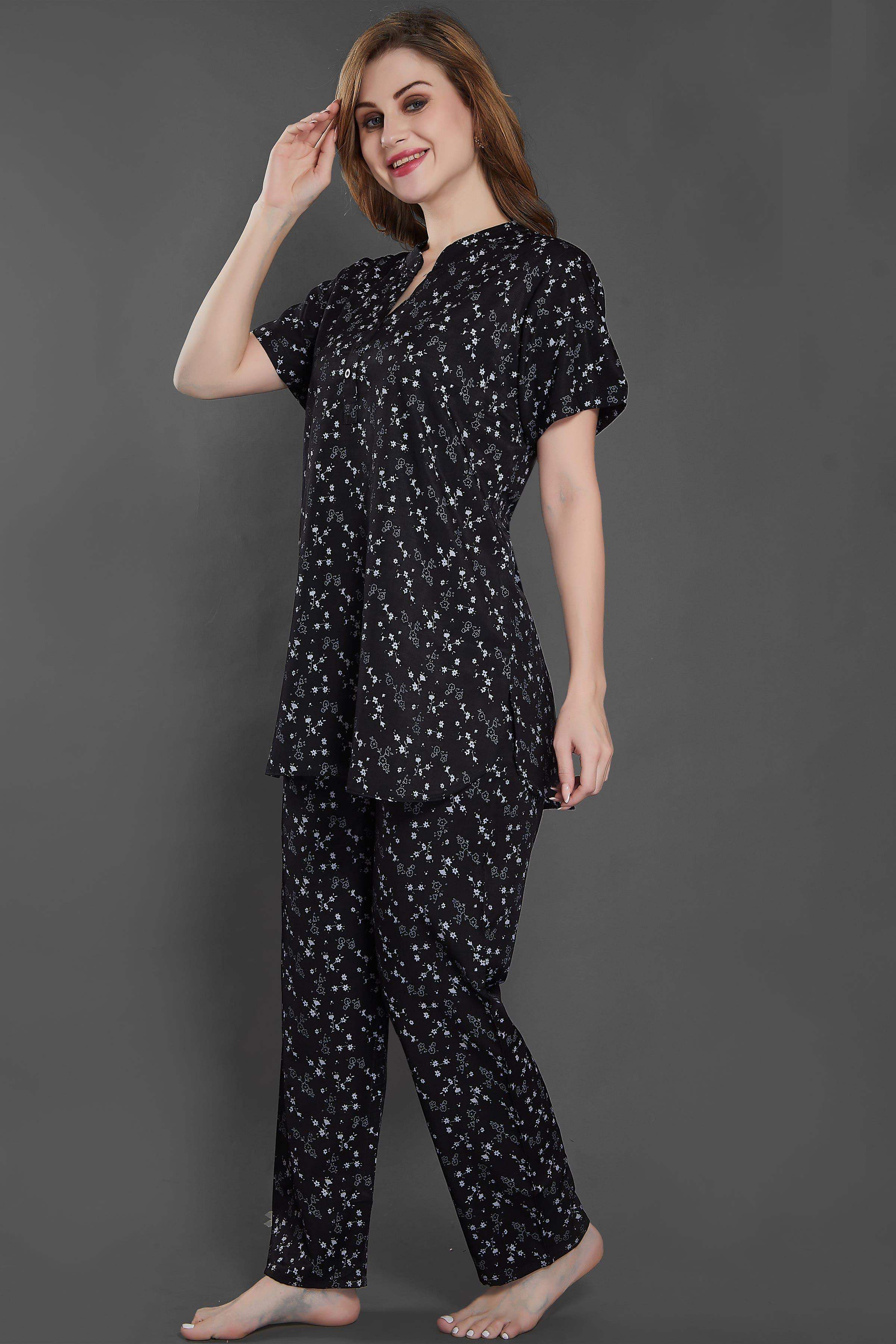 Velure Blooms Print Kurti Style Night Suit - Velure - Long Top and Pant - Cotton, Full Length Pant, Half Sleeves, Long Top Night Suit