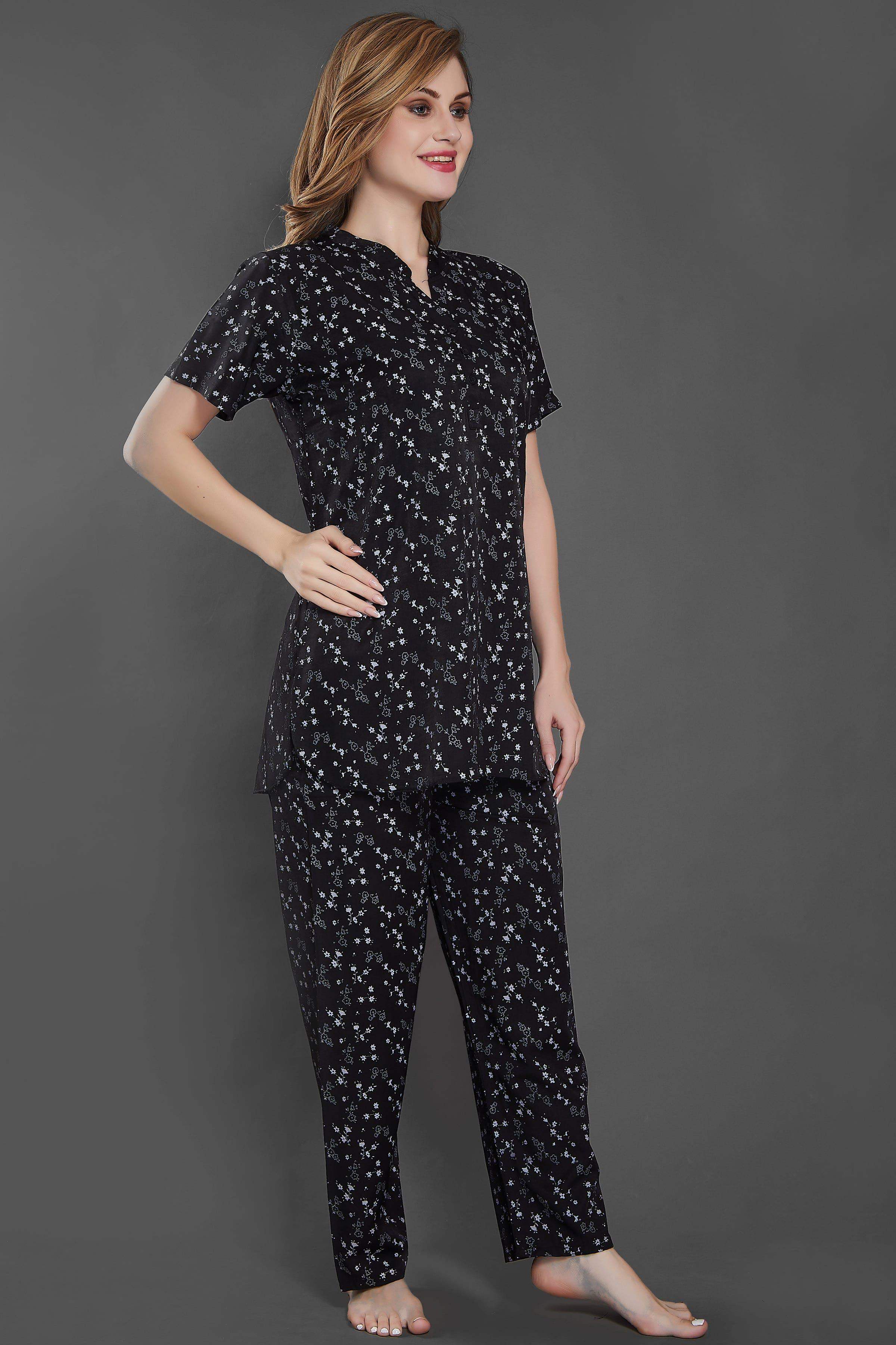 Velure Blooms Print Kurti Style Night Suit - Velure - Long Top and Pant - Cotton, Full Length Pant, Half Sleeves, Long Top Night Suit
