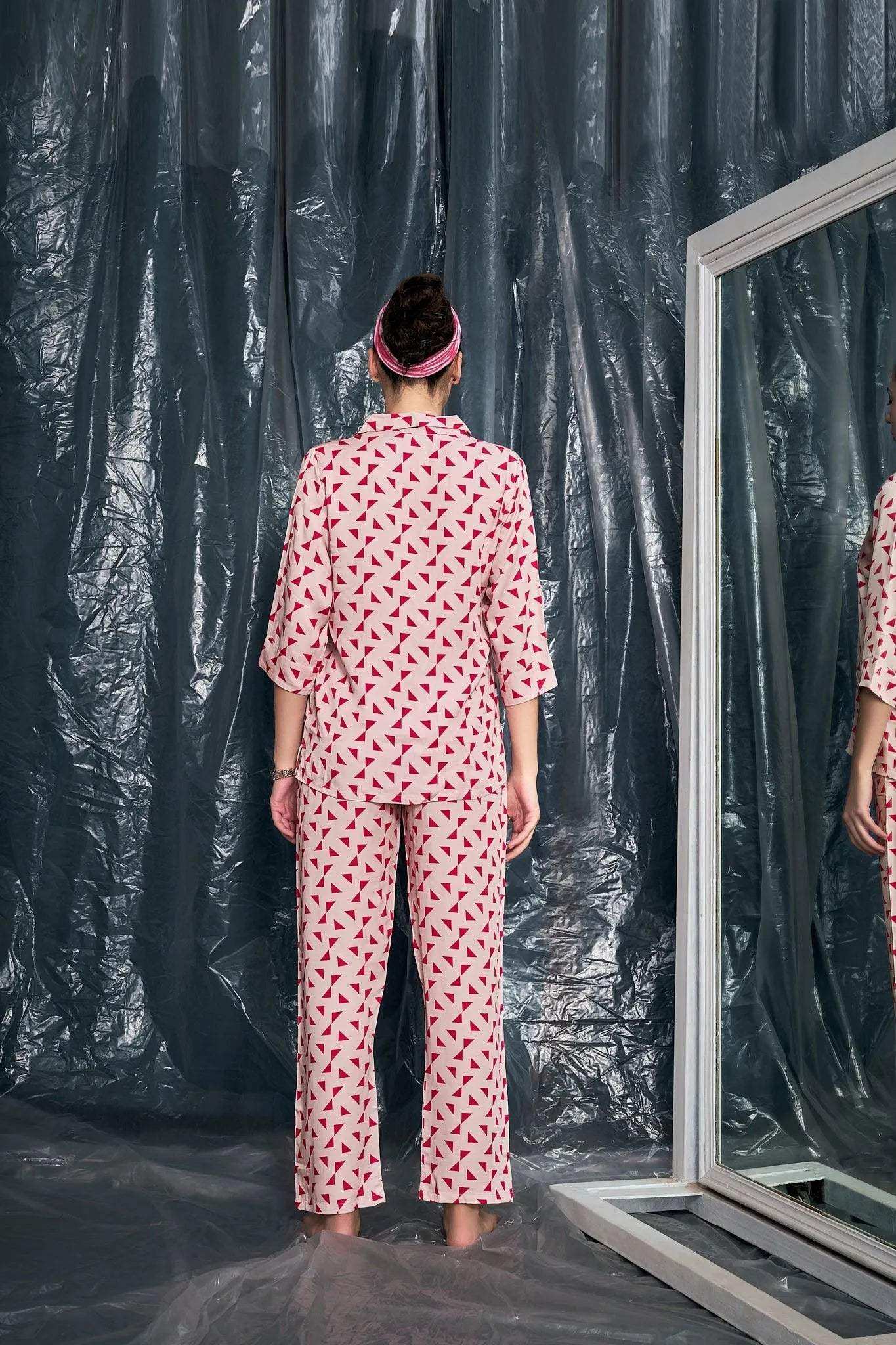 Velure Casual Geometric Print Night Suit - Velure - - 3/4 Sleeves, Abstract Print, Collar Neck, Cotton, Front Button Open, Full Length Pant
