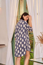 Grizzly Moody Bear Print Night Shirt - Velure - - 3/4 Sleeves, Collar Neck, Cotton, Front Button Open, Knee Length, Printed