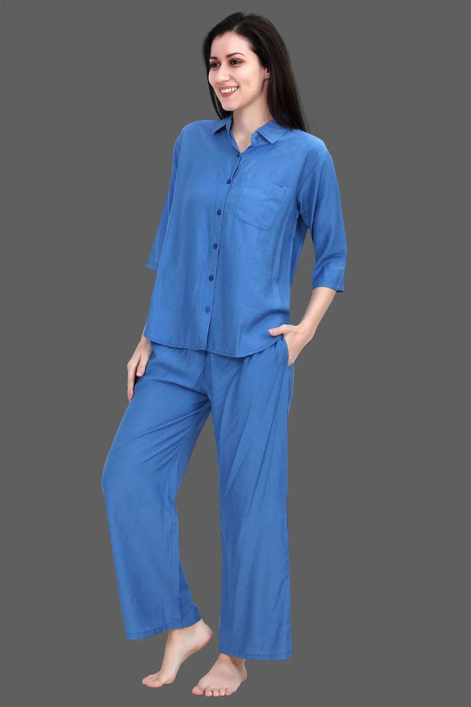 Velure Royal Blue Classic Palazzo Co-ord Set - Velure - - 3/4 Sleeves, Collar Neck, Cotton, Front Button Open, Full Length Pant