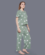 Velure Heart Print Palazzo Night Suit - Velure - - Cotton Lycra Fabric, Full Length Pant, Half Sleeves, Round neck