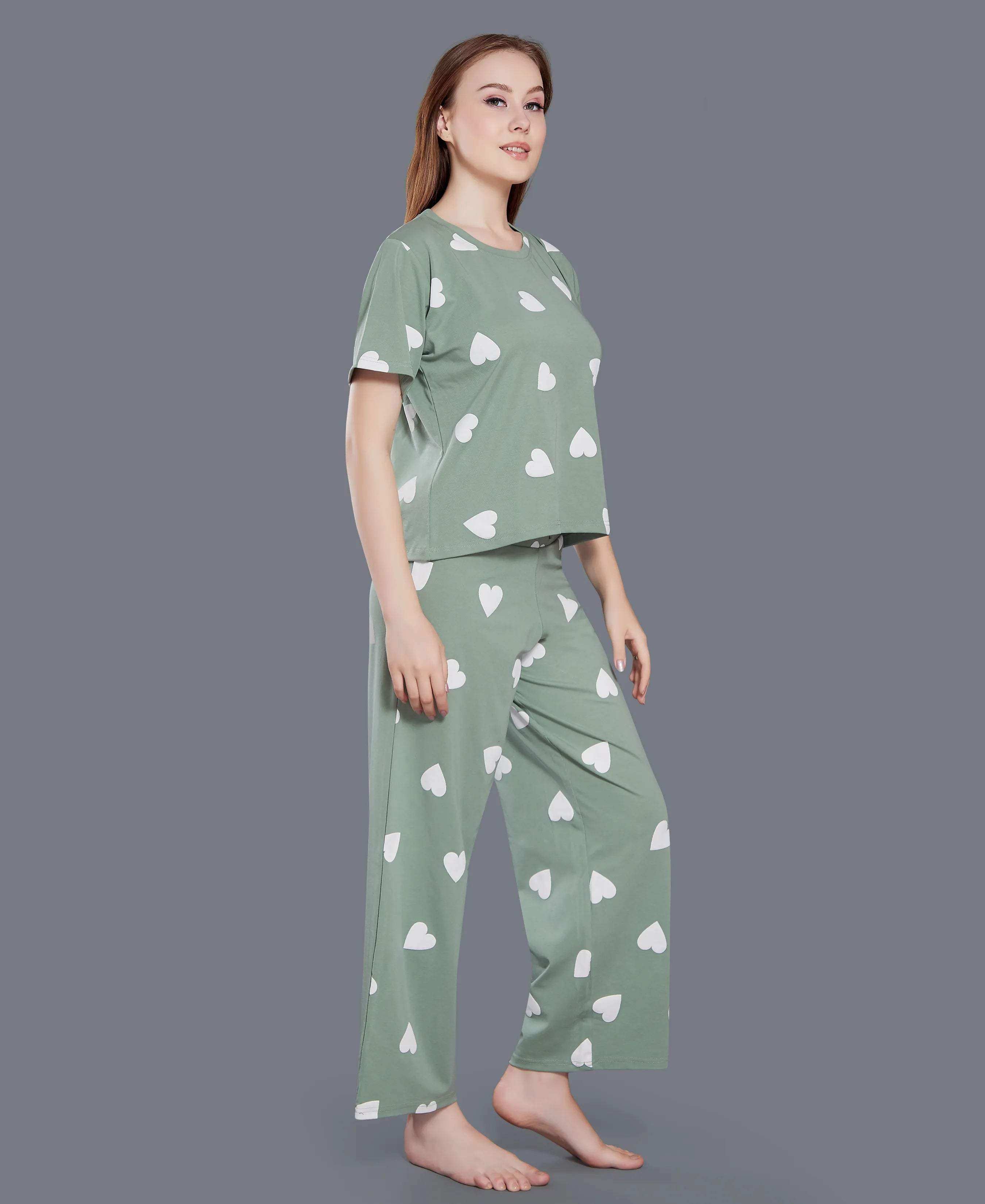 Velure Heart Print Palazzo Night Suit - Velure - - Cotton Lycra Fabric, Full Length Pant, Half Sleeves, Round neck