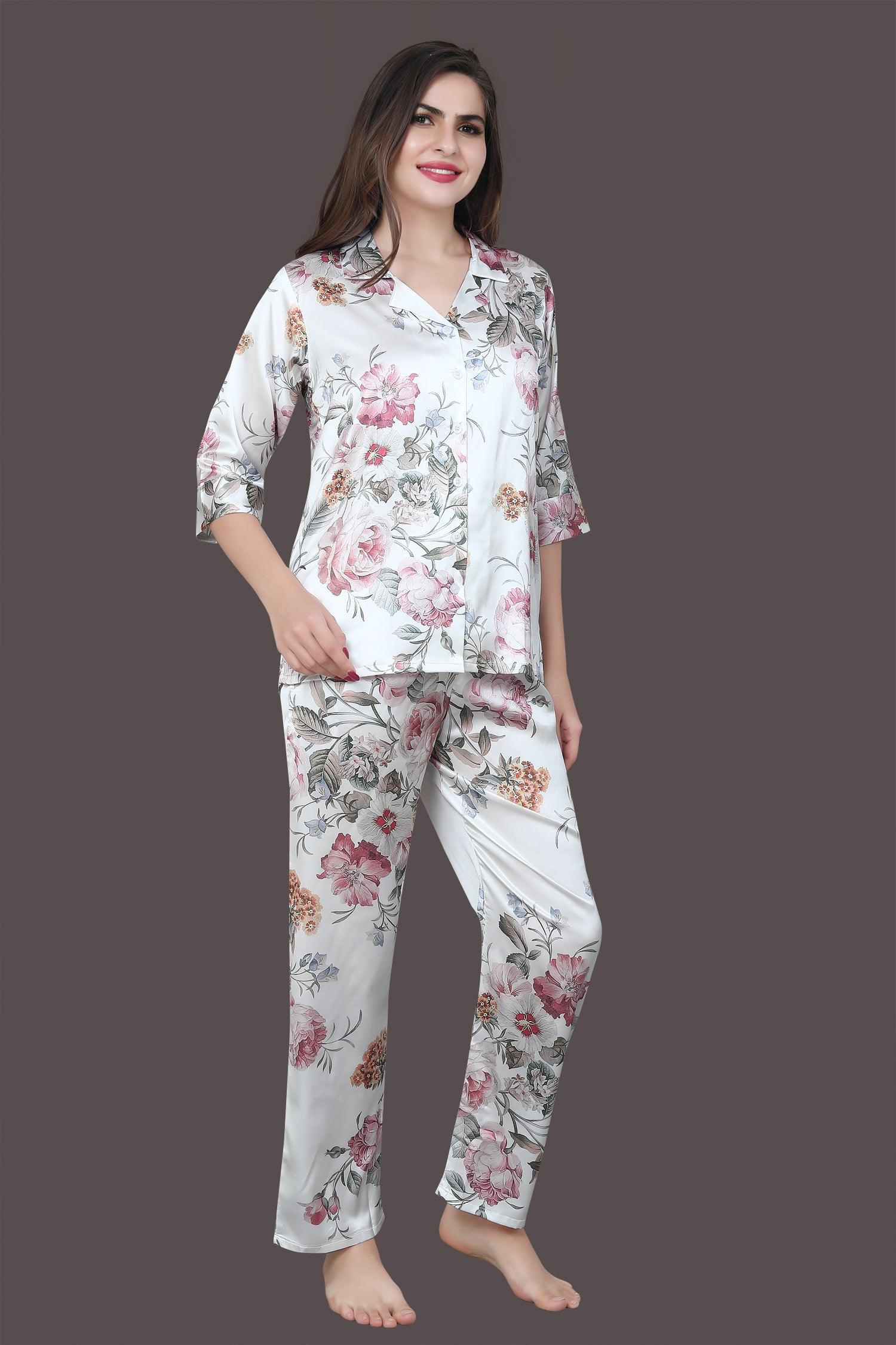 Velure Floral Printed Satin Night Suit - Velure - Long Top and Pant - 3/4 Sleeves, Collar Neck, Floral Print, Front Button Open, Full Length Pant