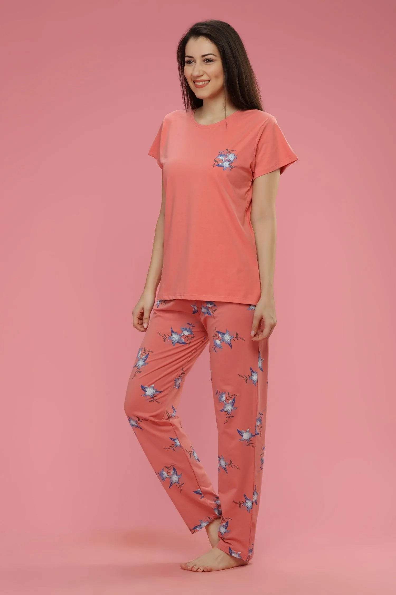 Velure Casual Floral Print Night Suit - Velure - Shirt and Pant - Cotton, Floral Print, Full Length Pant, Half Sleeves, Round neck
