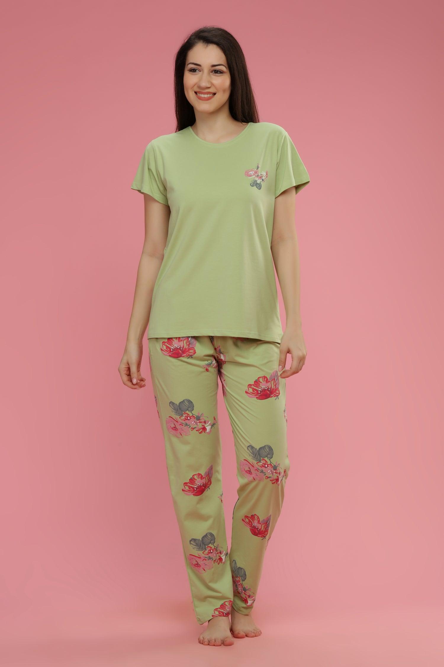 Velure Adorable Floral Print Night Suit - Velure - Shirt and Pant - Cotton, Floral Print, Full Length Pant, Half Sleeves, Round neck