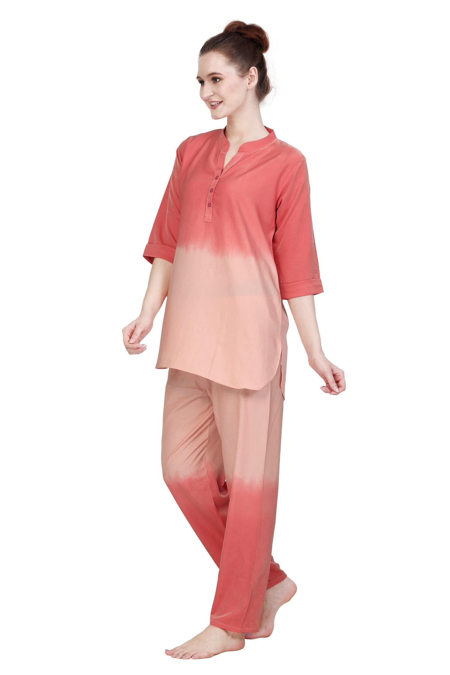 Velure Orange Dual Shade Kurti Style Night Suit - Velure - Long Top and Pant - 3/4 Sleeves, Collar Night Suit, Cotton, Full Length Pant