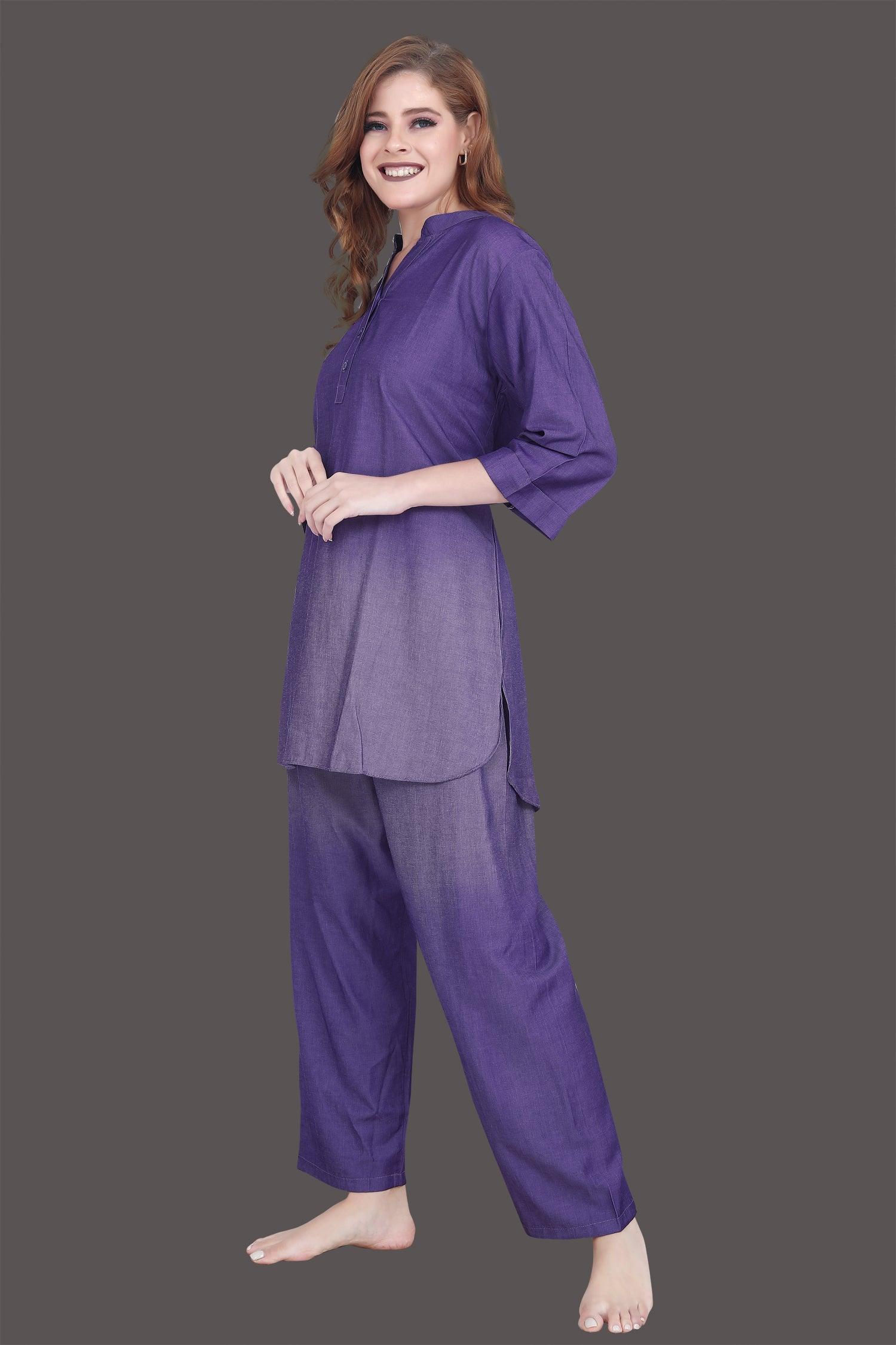 Velure Tunic Purple Dual Shade Kurti Style Night Suit - Velure - Long Top and Pant - 3/4 Sleeves, Collar Neck, Cotton, Front Button Open, Full Length Pant