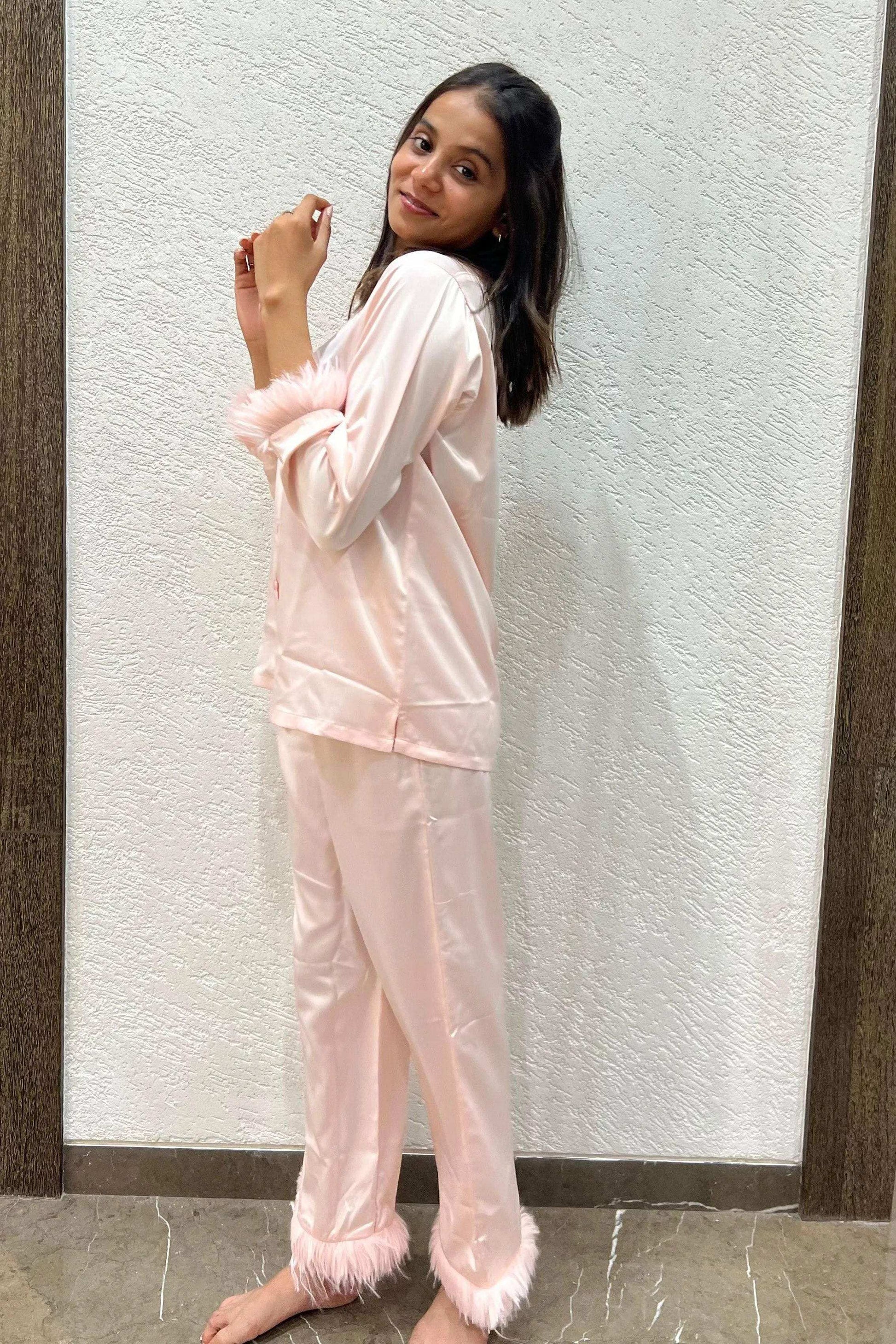 Velure Joyful Fur Satin Night Suit - Velure - Shirt and Pant - Collar Neck, Front Button Open, Full Length Pant, Full Sleeves, Fur, Satin