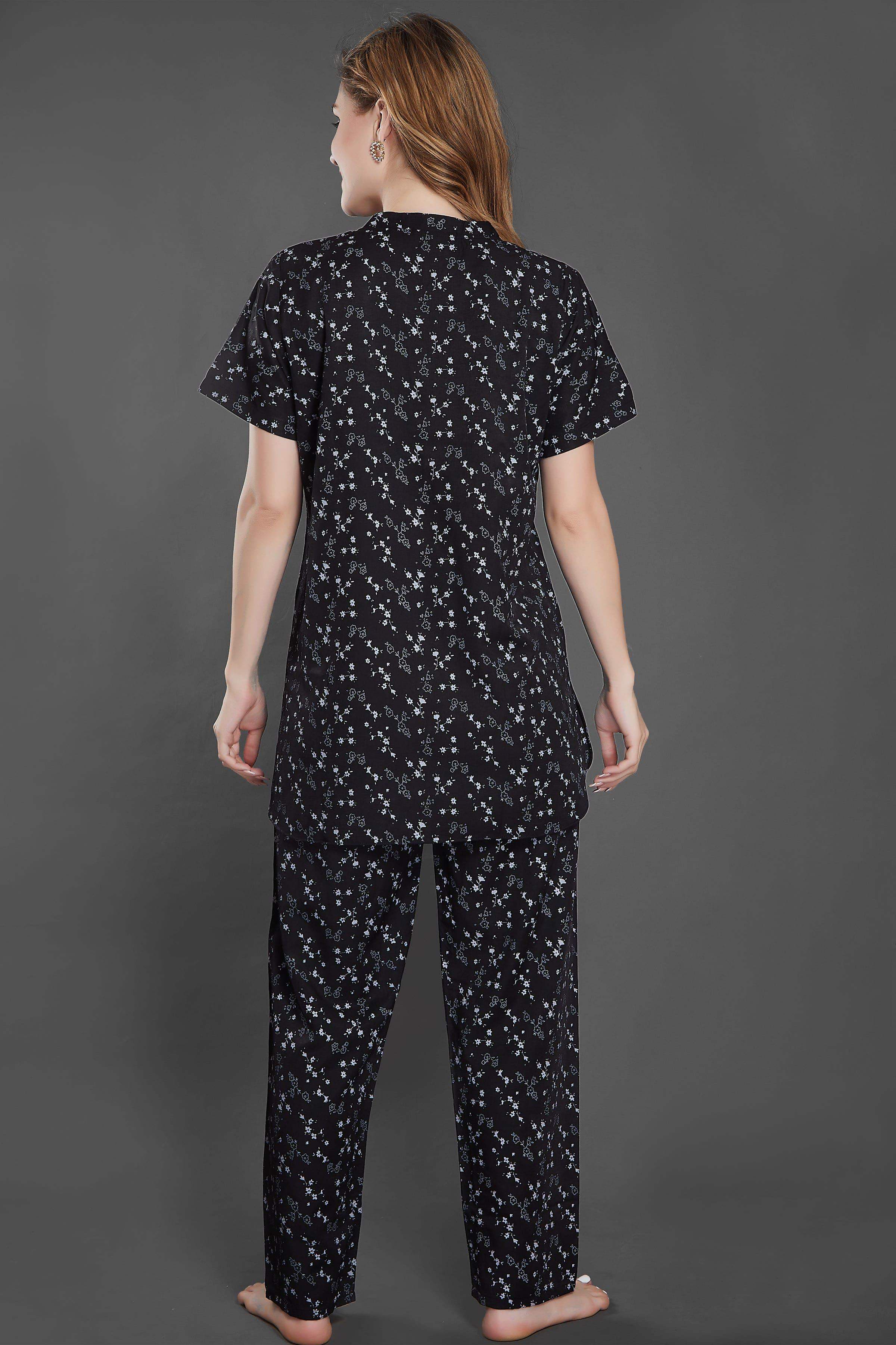 Velure Blooms Print Kurti Style Night Suit - Velure - Long Top and Pant - Cotton, Full Length Pant, Half Sleeves, Long Top Night Suit