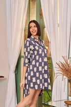 Grizzly Moody Bear Print Night Shirt - Velure - - 3/4 Sleeves, Collar Neck, Cotton, Front Button Open, Knee Length, Printed
