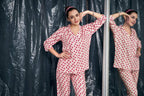 Velure Casual Geometric Print Night Suit - Velure - - 3/4 Sleeves, Abstract Print, Collar Neck, Cotton, Front Button Open, Full Length Pant