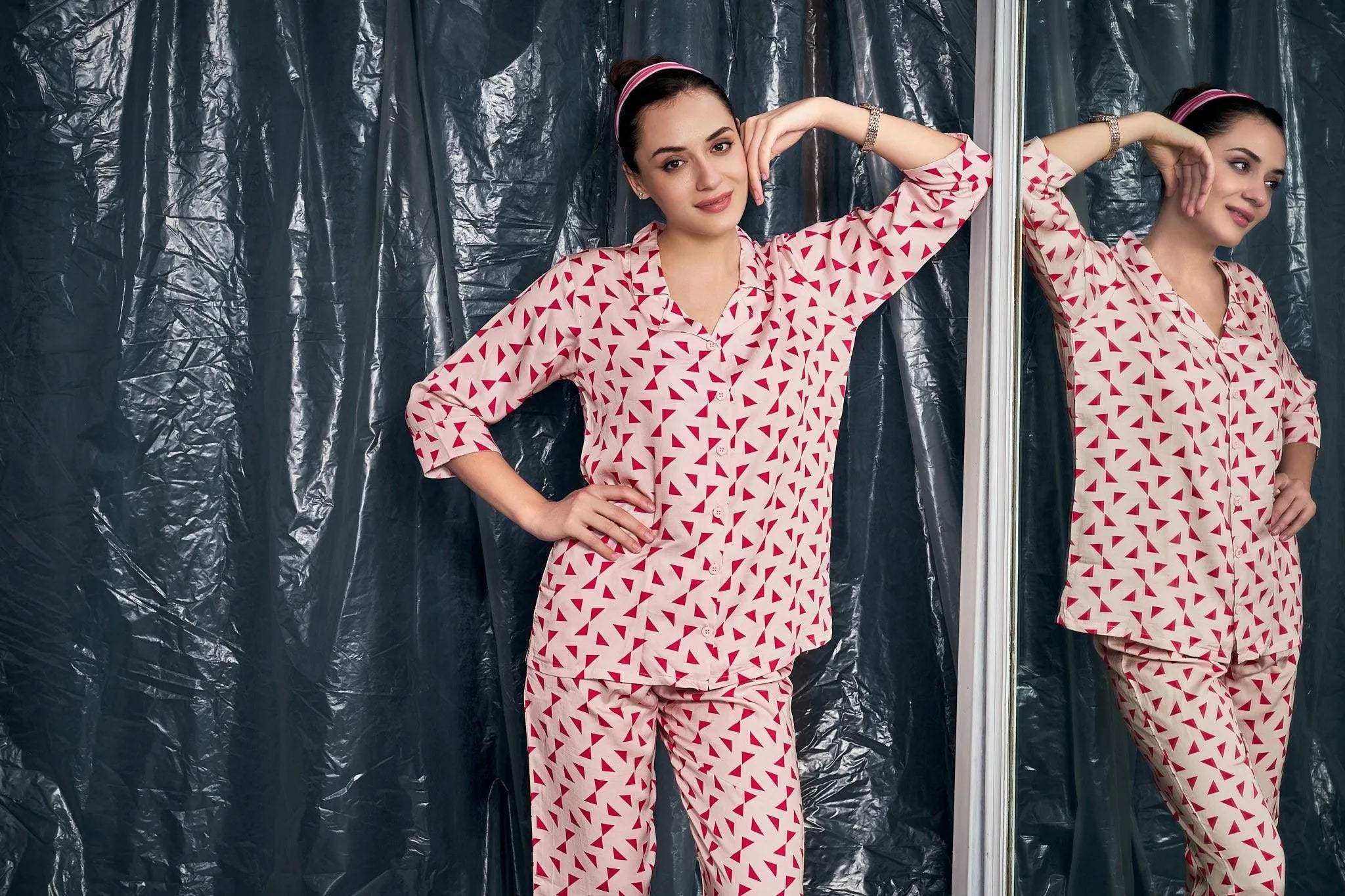 Velure Casual Geometric Print Night Suit - Velure - - 3/4 Sleeves, Abstract Print, Collar Neck, Cotton, Front Button Open, Full Length Pant