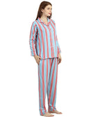 Striped Night Suit - Velure - T-Shirt and Pants - Collar Neck, Cotton, Front Button Open, Full Length Pant, Full Sleeves, Stripes