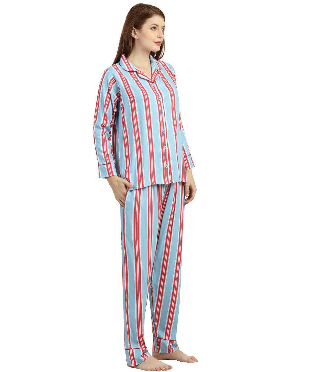 Striped Night Suit - Velure - T-Shirt and Pants - Collar Neck, Cotton, Front Button Open, Full Length Pant, Full Sleeves, Stripes