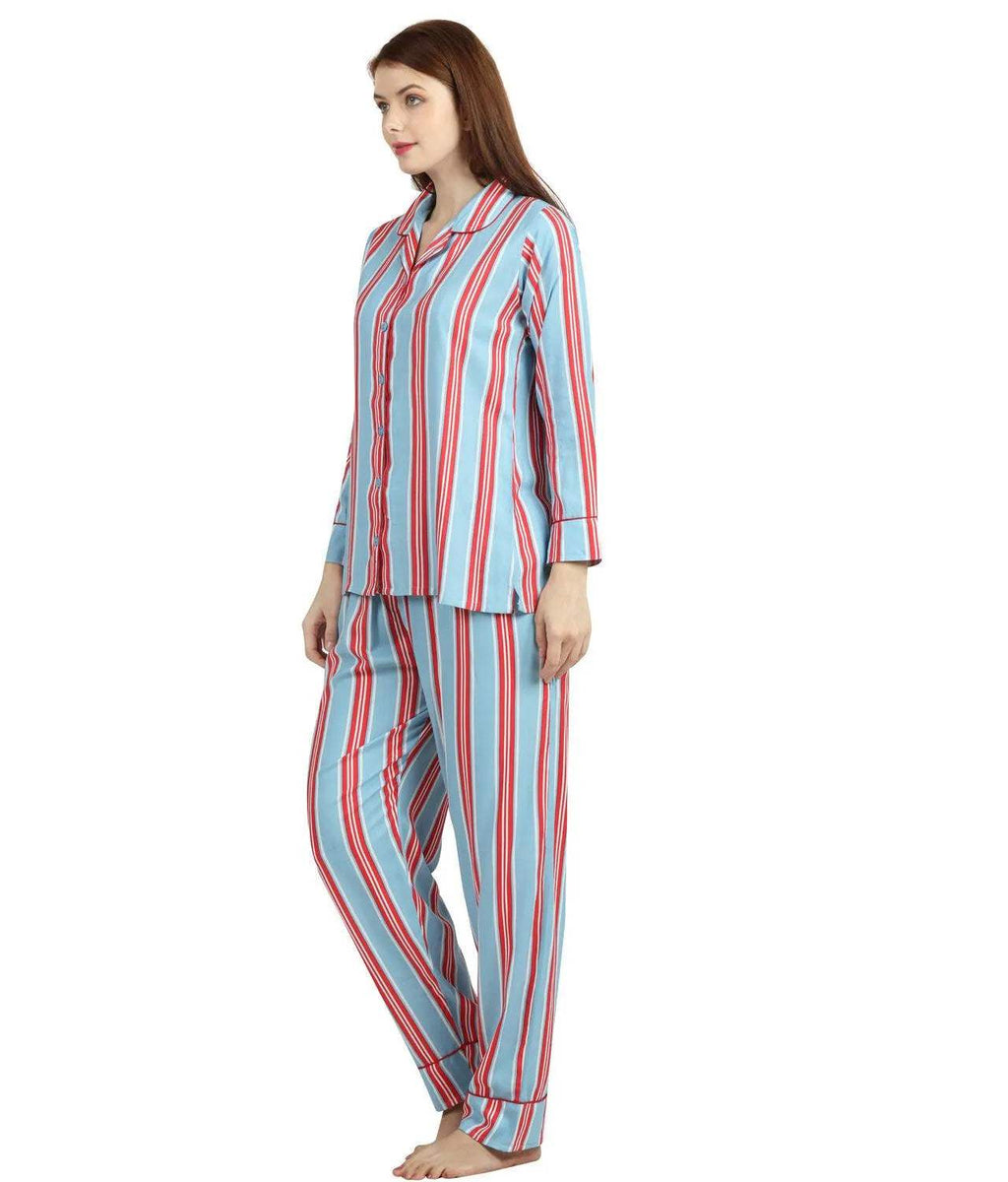 Striped Night Suit - Velure - T-Shirt and Pants - Collar Neck, Cotton, Front Button Open, Full Length Pant, Full Sleeves, Stripes