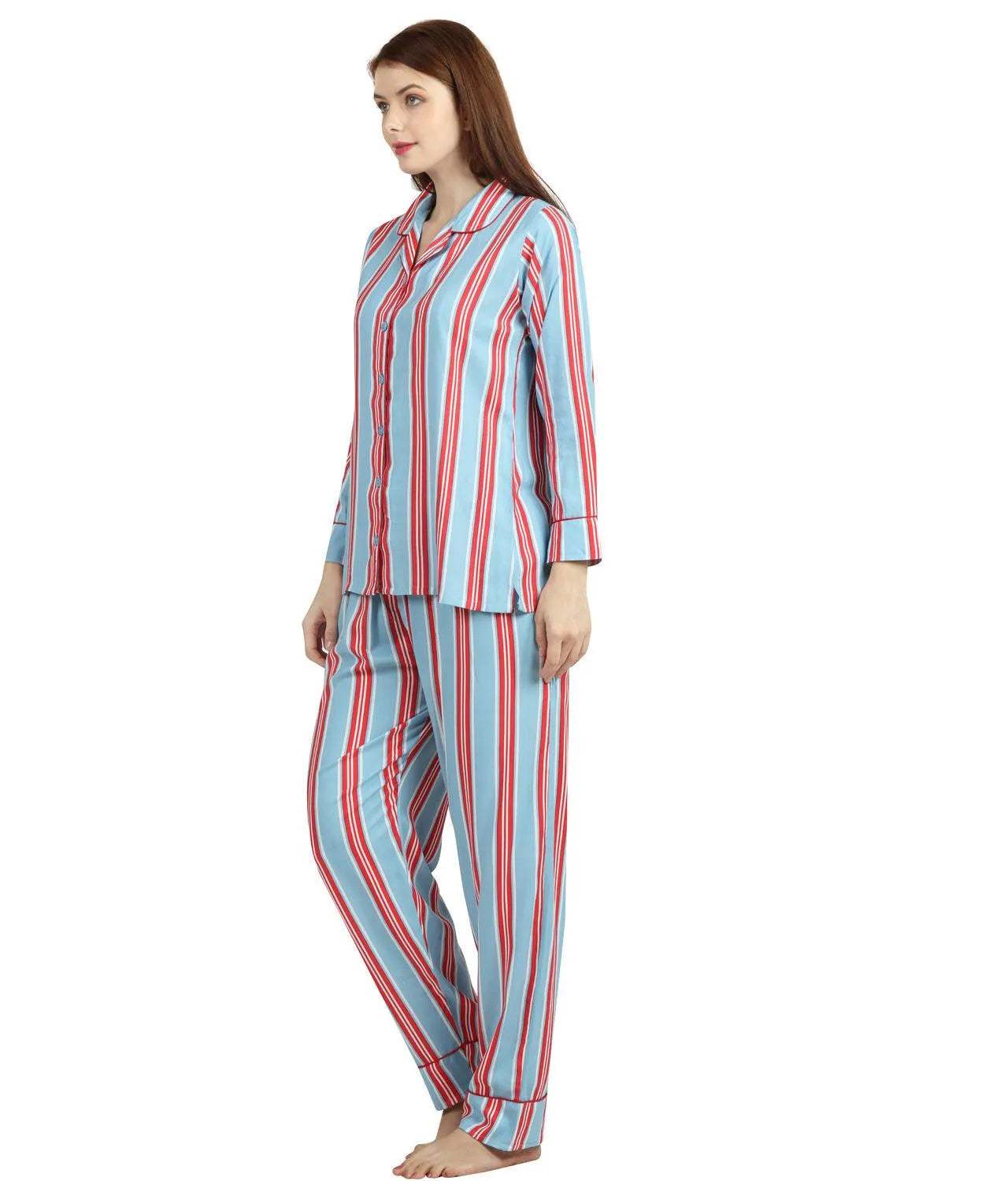 Striped Night Suit - Velure - T-Shirt and Pants - Collar Neck, Cotton, Front Button Open, Full Length Pant, Full Sleeves, Stripes