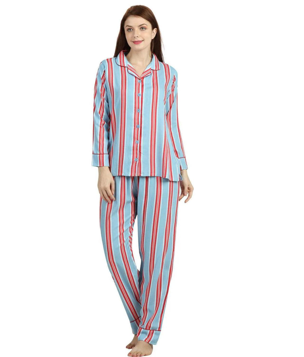 Striped Night Suit - Velure - T-Shirt and Pants - Collar Neck, Cotton, Front Button Open, Full Length Pant, Full Sleeves, Stripes