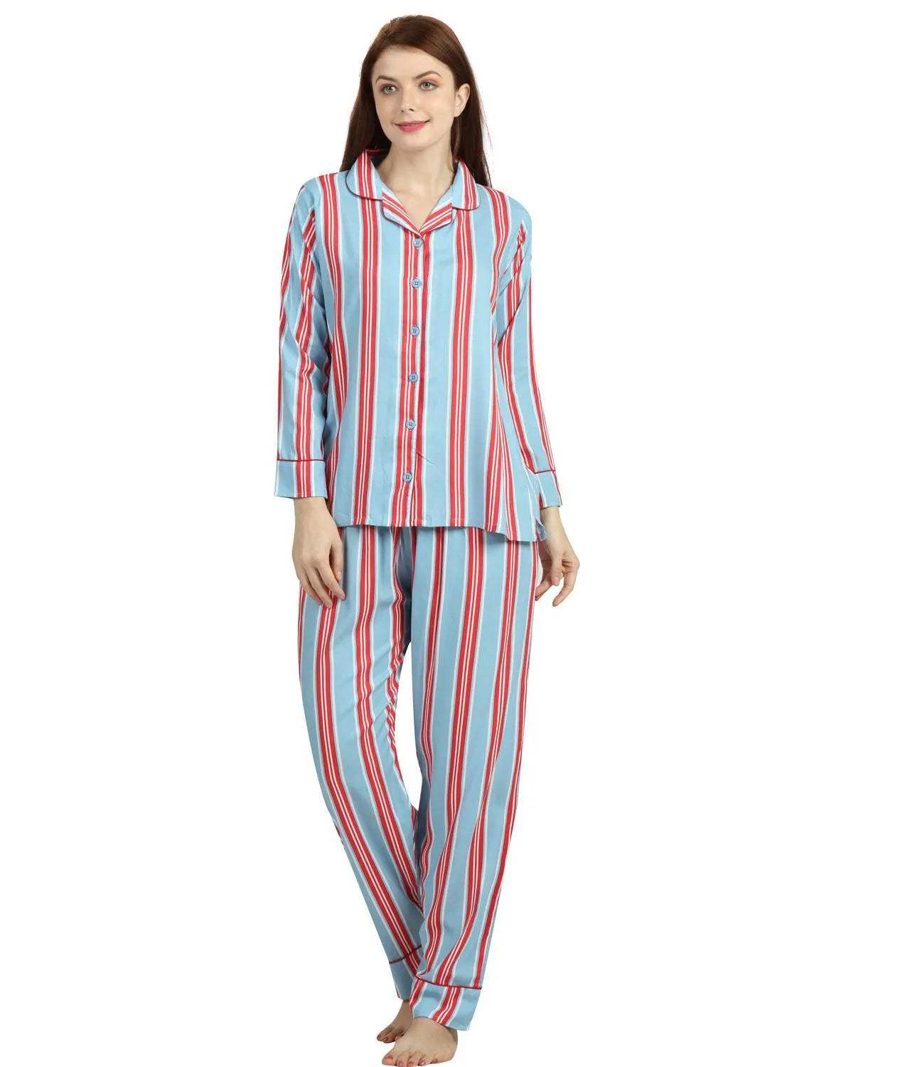 Striped Night Suit - Velure - T-Shirt and Pants - Collar Neck, Cotton, Front Button Open, Full Length Pant, Full Sleeves, Stripes