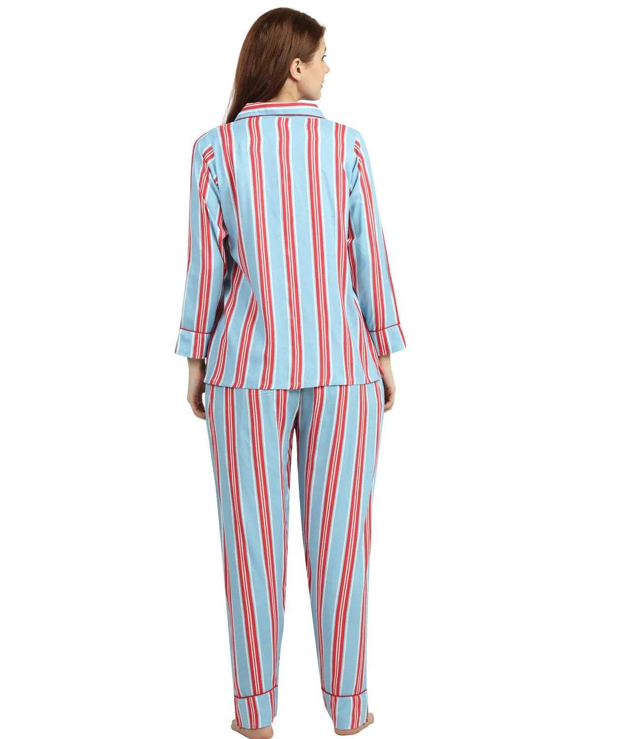 Striped Night Suit - Velure - T-Shirt and Pants - Collar Neck, Cotton, Front Button Open, Full Length Pant, Full Sleeves, Stripes
