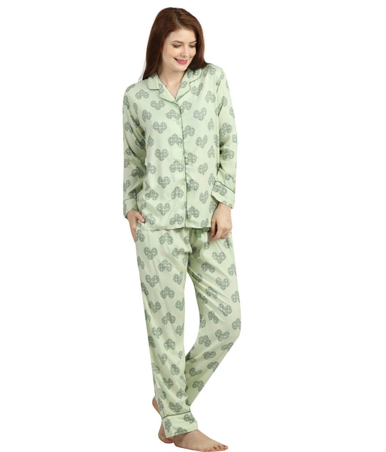 Geometric Hearts Night Suit - Velure - Shirt and Pant - Abstract Print, Collar Neck, Cotton, Front Button Open, Full Length Pant, Full Sleeves