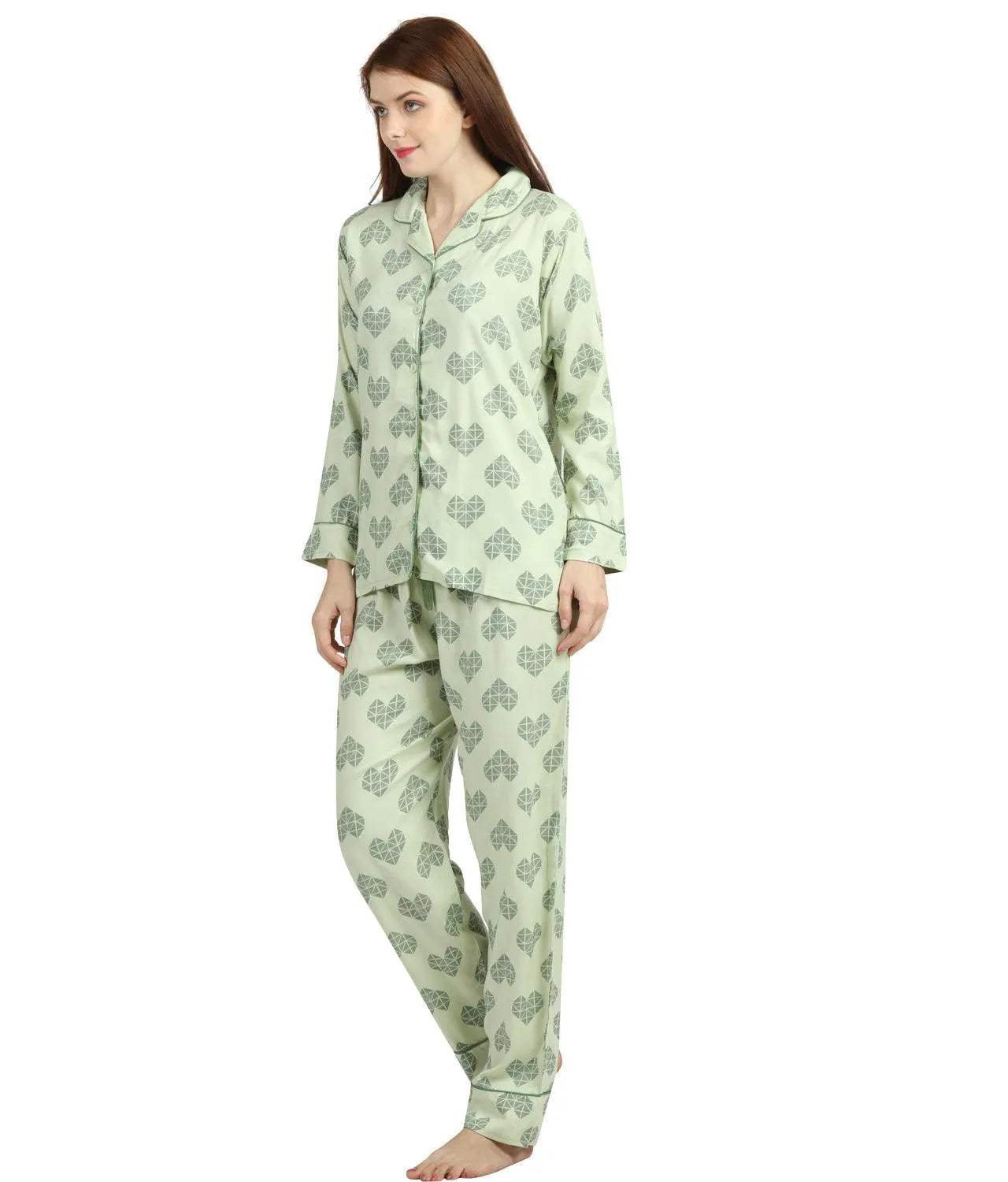 Geometric Hearts Night Suit - Velure - Shirt and Pant - Abstract Print, Collar Neck, Cotton, Front Button Open, Full Length Pant, Full Sleeves