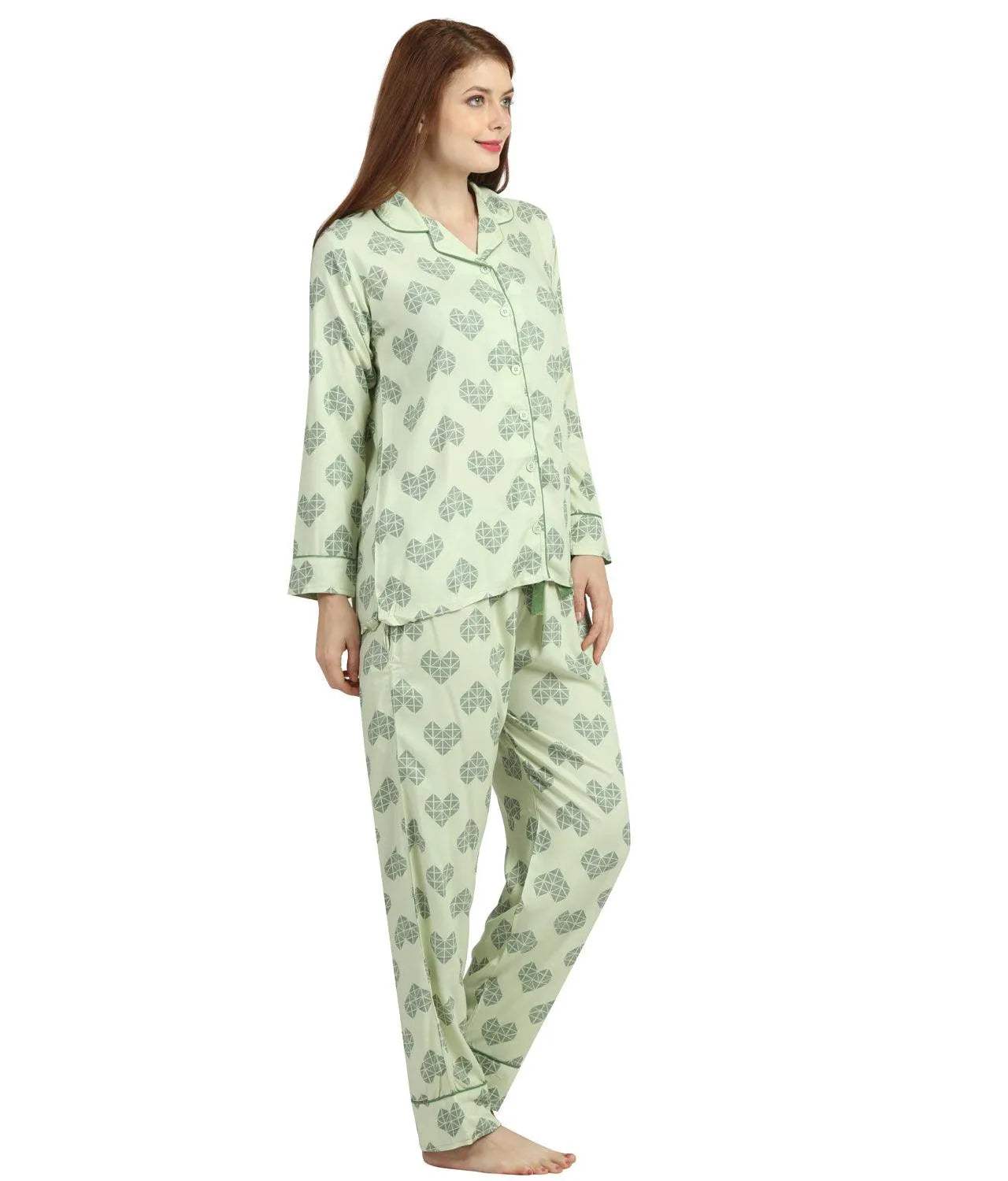 Geometric Hearts Night Suit - Velure - Shirt and Pant - Abstract Print, Collar Neck, Cotton, Front Button Open, Full Length Pant, Full Sleeves