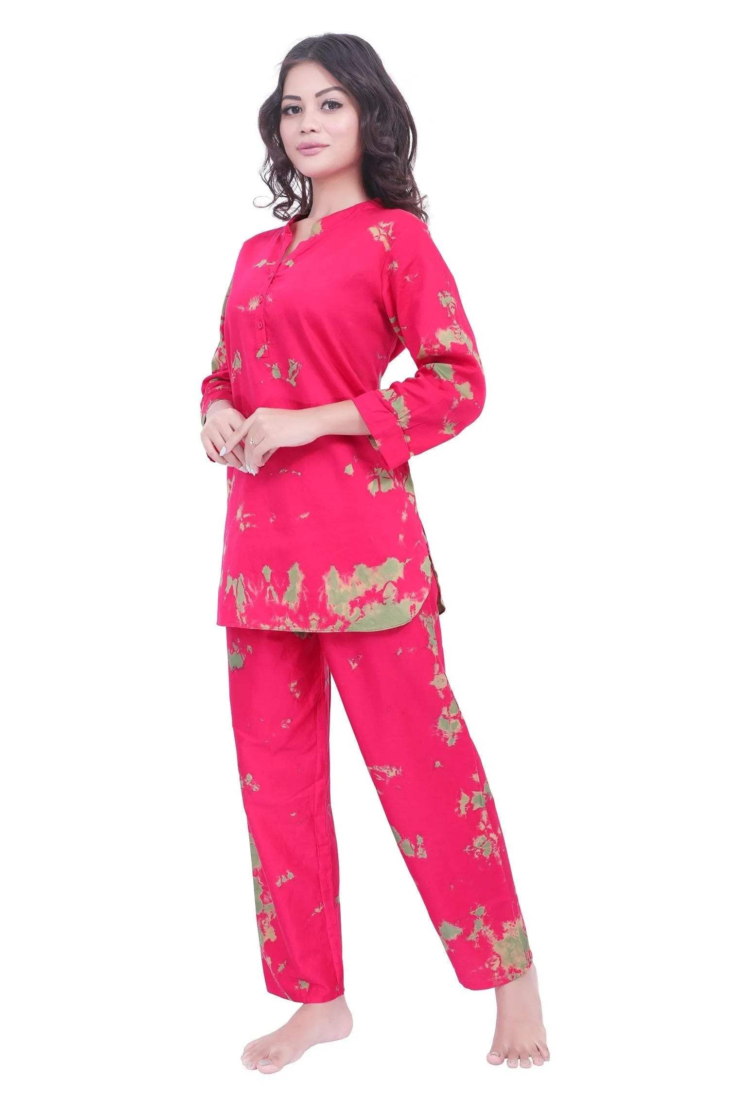 Trendy Tie-Dye Kurti Style Set - Velure - Long Top and Pant - Collar Night Suit, Cotton, Full Length Pant, Full Sleeves, Long Top Night Suit