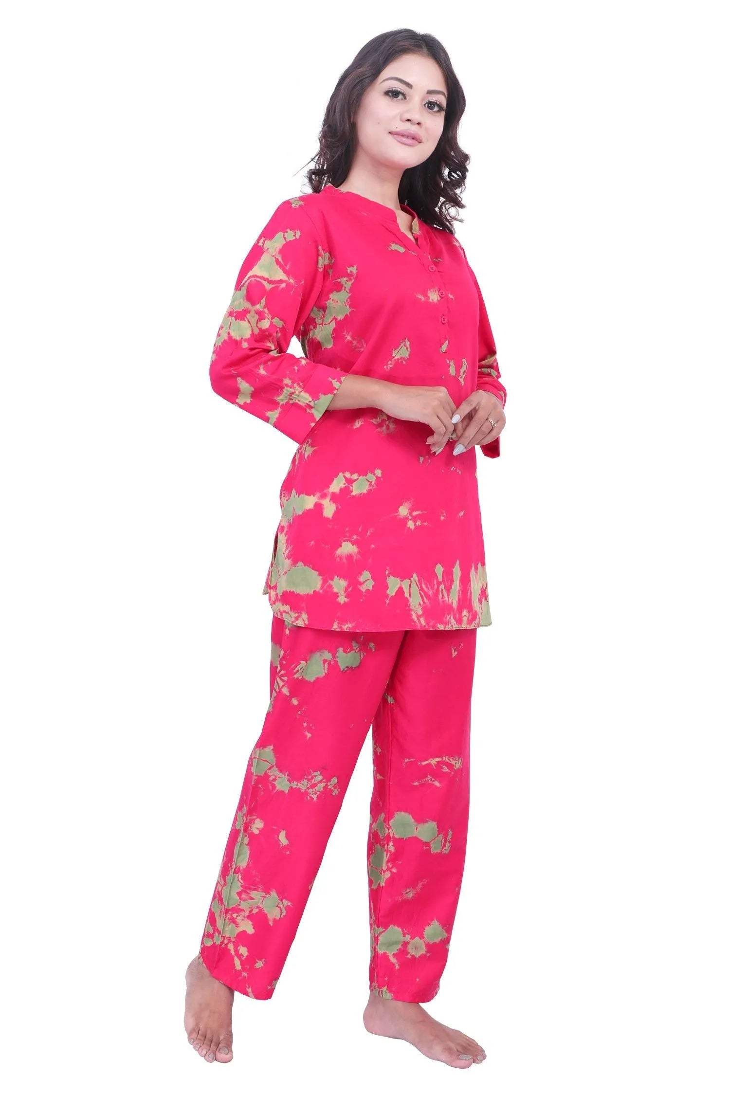 Trendy Tie-Dye Kurti Style Set - Velure - Long Top and Pant - Collar Night Suit, Cotton, Full Length Pant, Full Sleeves, Long Top Night Suit