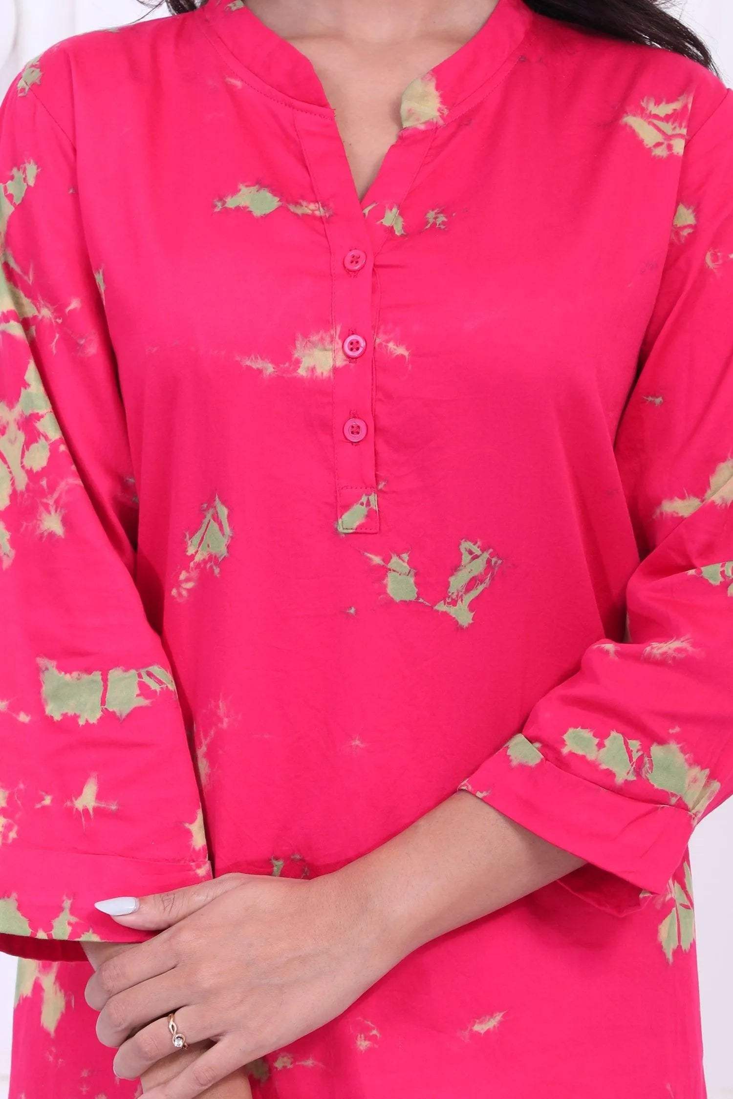 Trendy Tie-Dye Kurti Style Set - Velure - Long Top and Pant - Collar Night Suit, Cotton, Full Length Pant, Full Sleeves, Long Top Night Suit