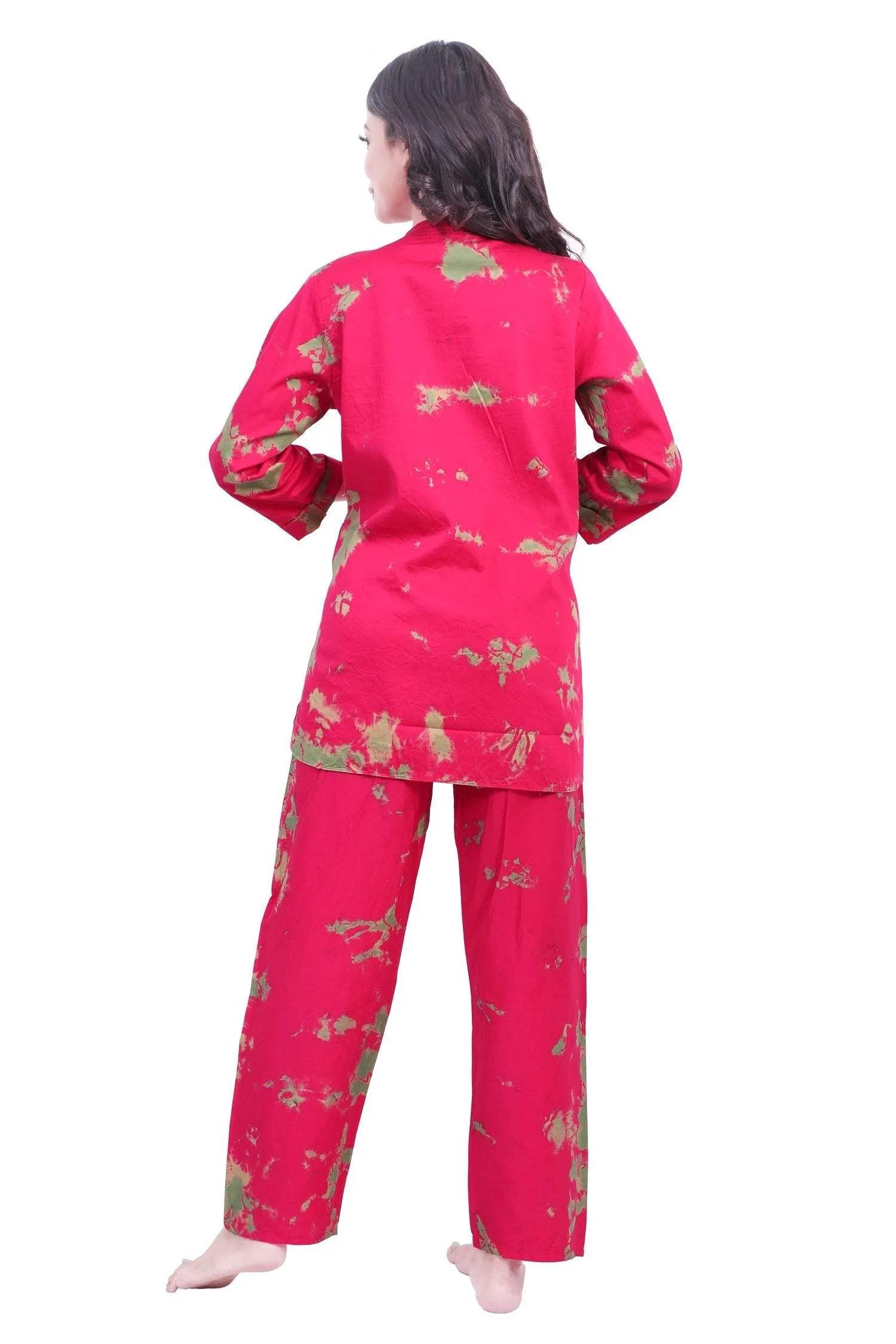 Trendy Tie-Dye Kurti Style Set - Velure - Long Top and Pant - Collar Night Suit, Cotton, Full Length Pant, Full Sleeves, Long Top Night Suit