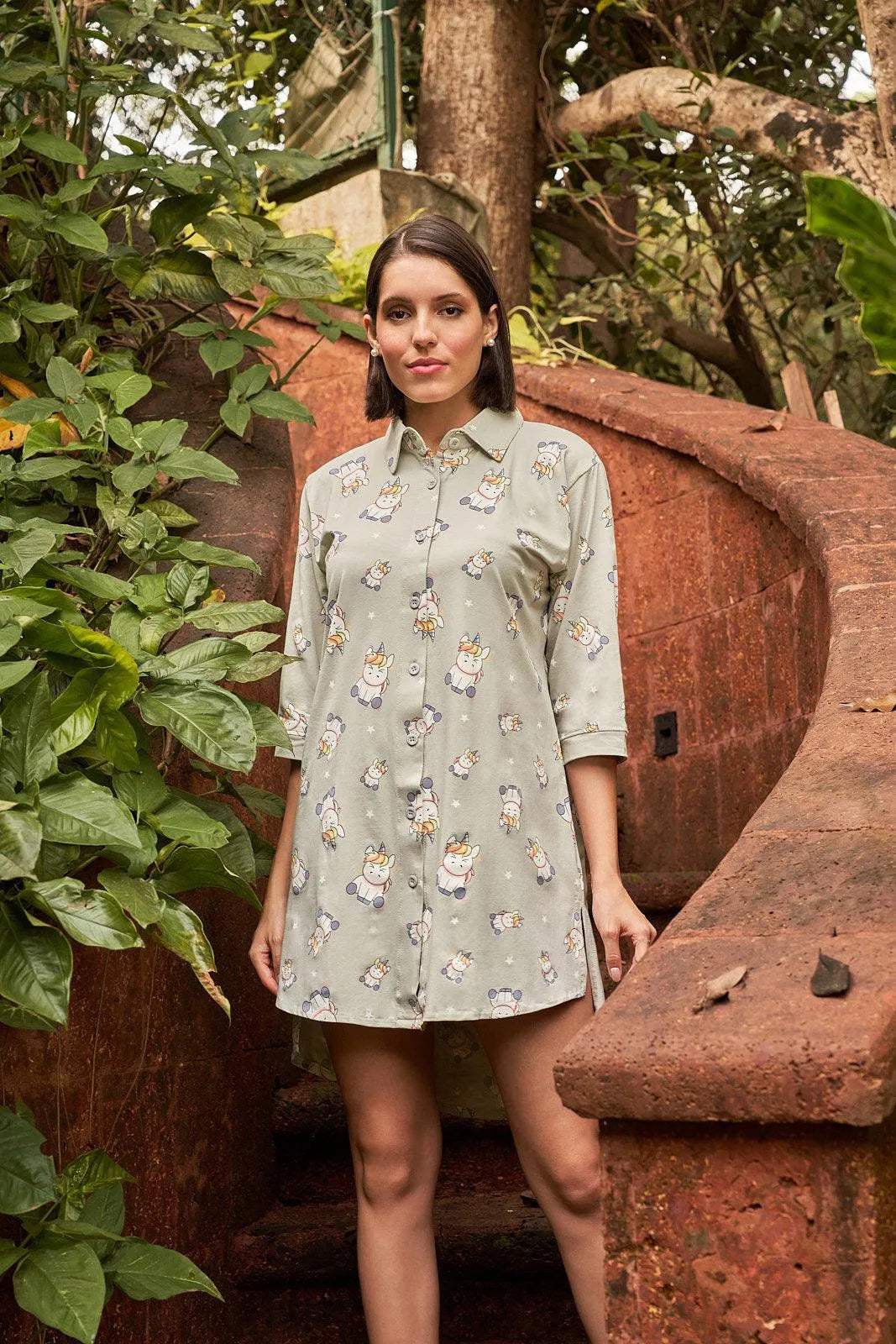 Timeless Comfort Night Shirt - Velure - - 3/4 Sleeves, Collar Neck, Cotton, Front Button Open, Knee Length, Printed