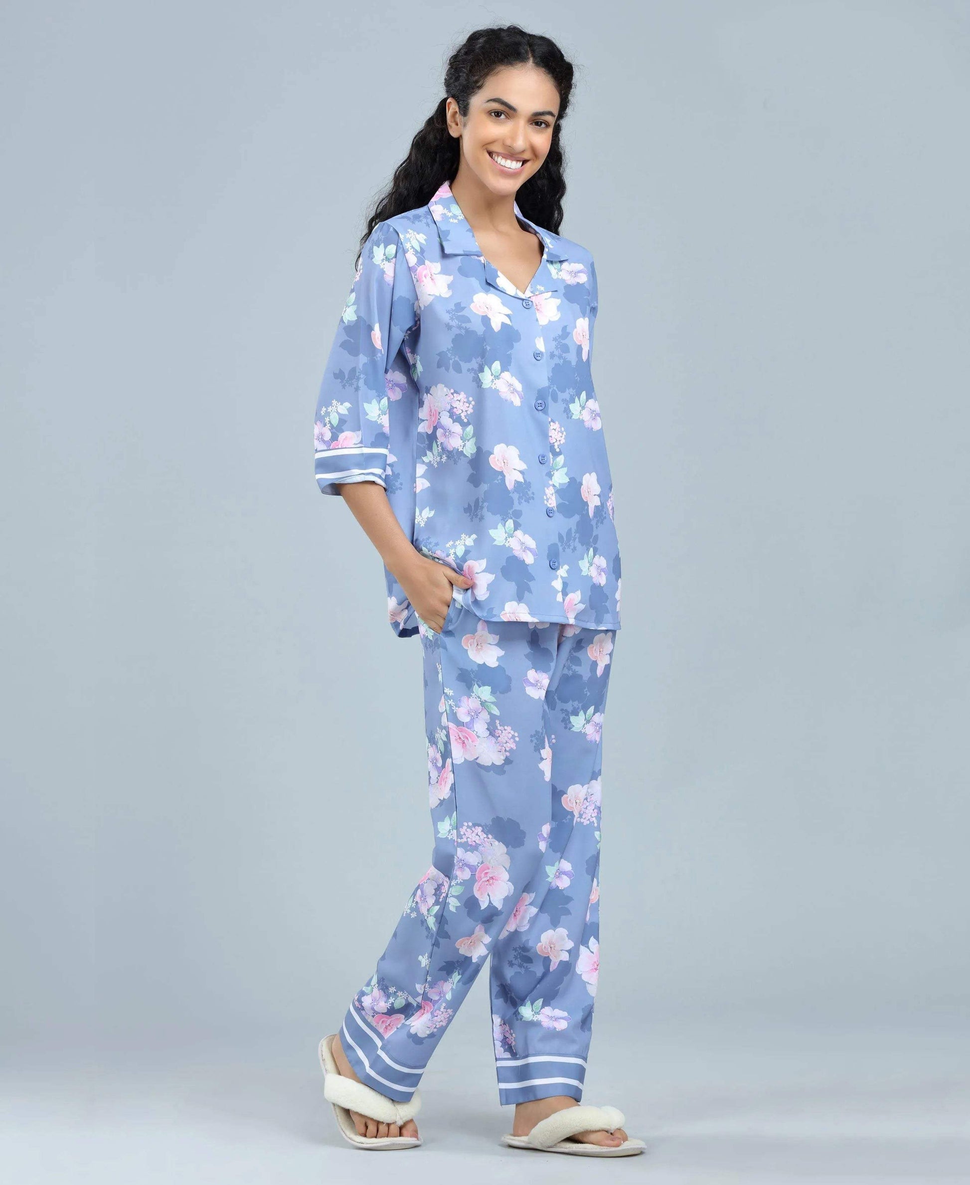Flower Power Satin Night Suit - Velure - Shirt and Pant - 3/4 Sleeves, Collar Neck, Floral Print, Front Button Open, Full Length Pant, Satin