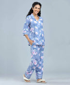 Flower Power Satin Night Suit - Velure - Shirt and Pant - 3/4 Sleeves, Collar Neck, Floral Print, Front Button Open, Full Length Pant, Satin
