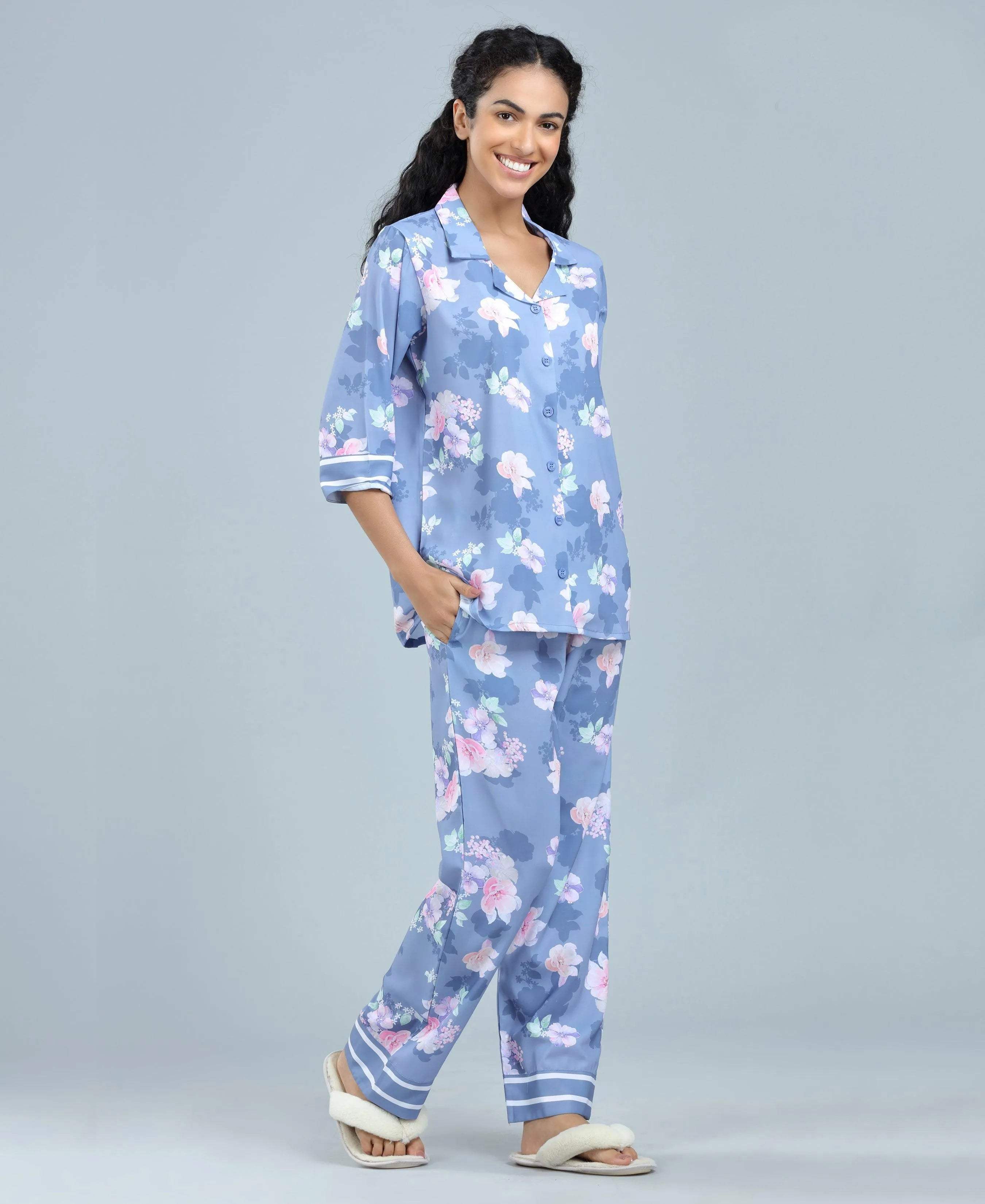Flower Power Satin Night Suit - Velure - Shirt and Pant - 3/4 Sleeves, Collar Neck, Floral Print, Front Button Open, Full Length Pant, Satin