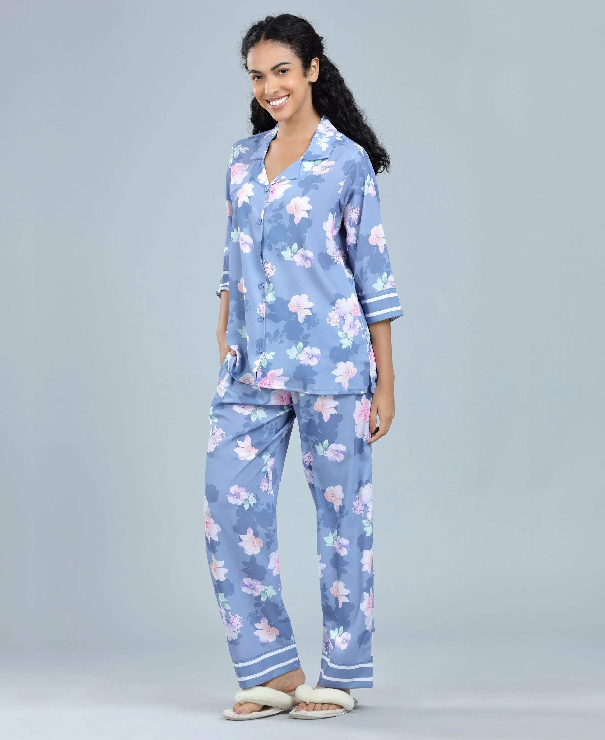 Flower Power Satin Night Suit - Velure - Shirt and Pant - 3/4 Sleeves, Collar Neck, Floral Print, Front Button Open, Full Length Pant, Satin