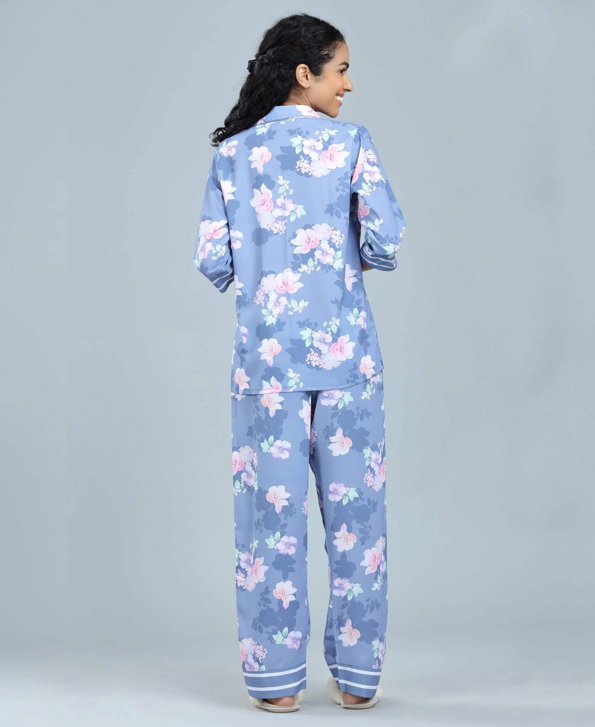 Flower Power Satin Night Suit - Velure - Shirt and Pant - 3/4 Sleeves, Collar Neck, Floral Print, Front Button Open, Full Length Pant, Satin