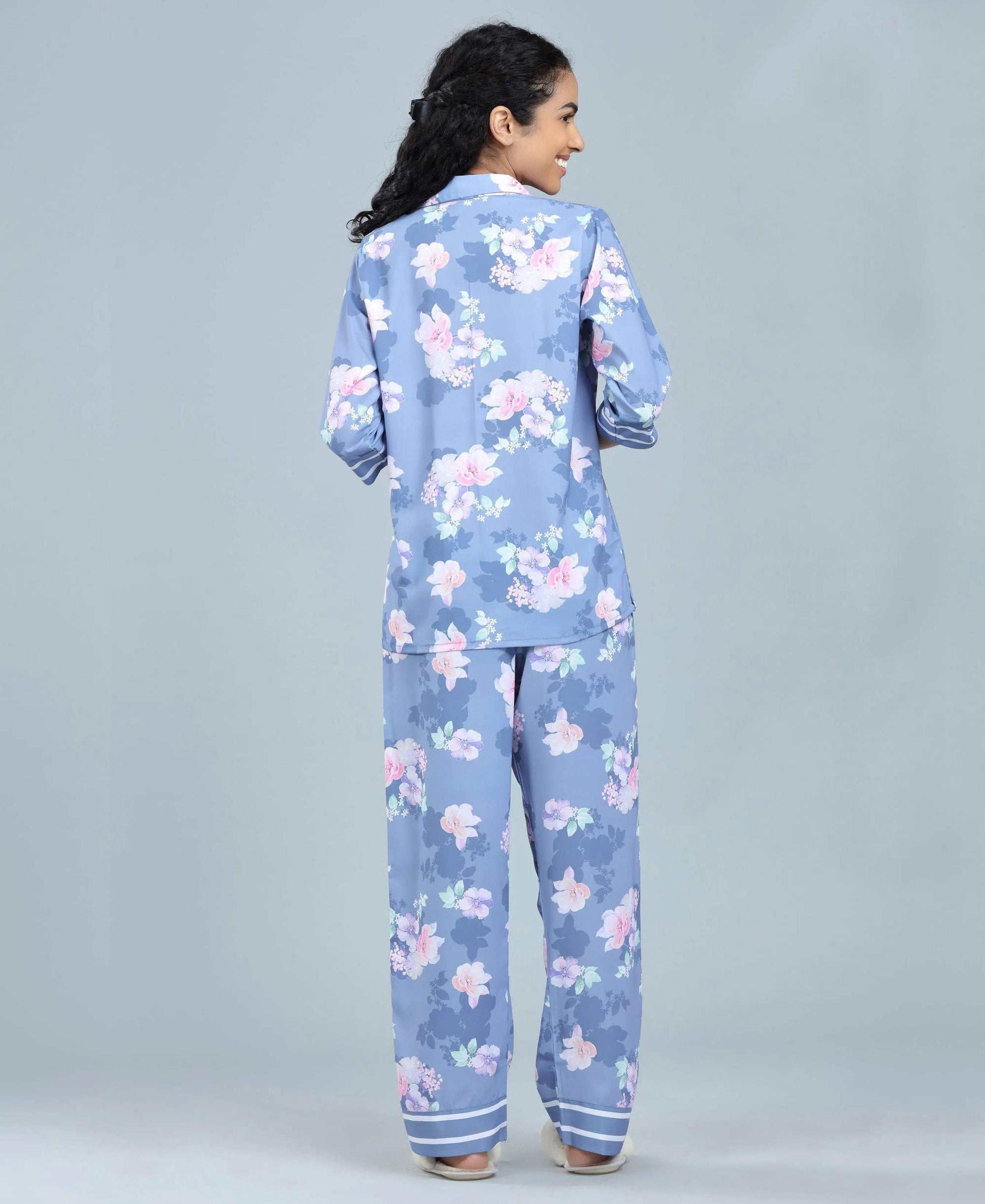 Flower Power Satin Night Suit - Velure - Shirt and Pant - 3/4 Sleeves, Collar Neck, Floral Print, Front Button Open, Full Length Pant, Satin