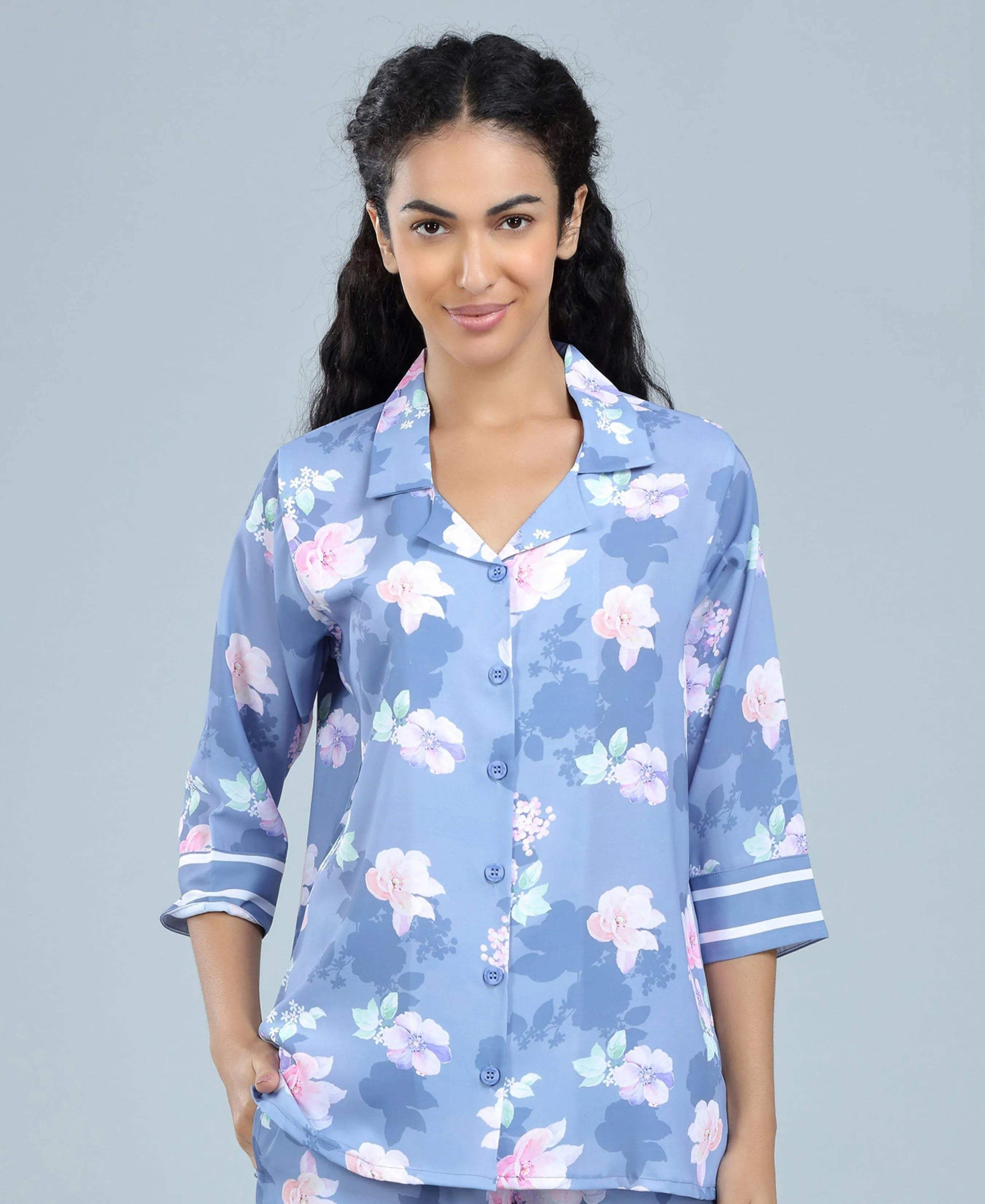 Flower Power Satin Night Suit - Velure - Shirt and Pant - 3/4 Sleeves, Collar Neck, Floral Print, Front Button Open, Full Length Pant, Satin