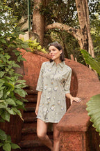 Timeless Comfort Night Shirt - Velure - - 3/4 Sleeves, Collar Neck, Cotton, Front Button Open, Knee Length, Printed
